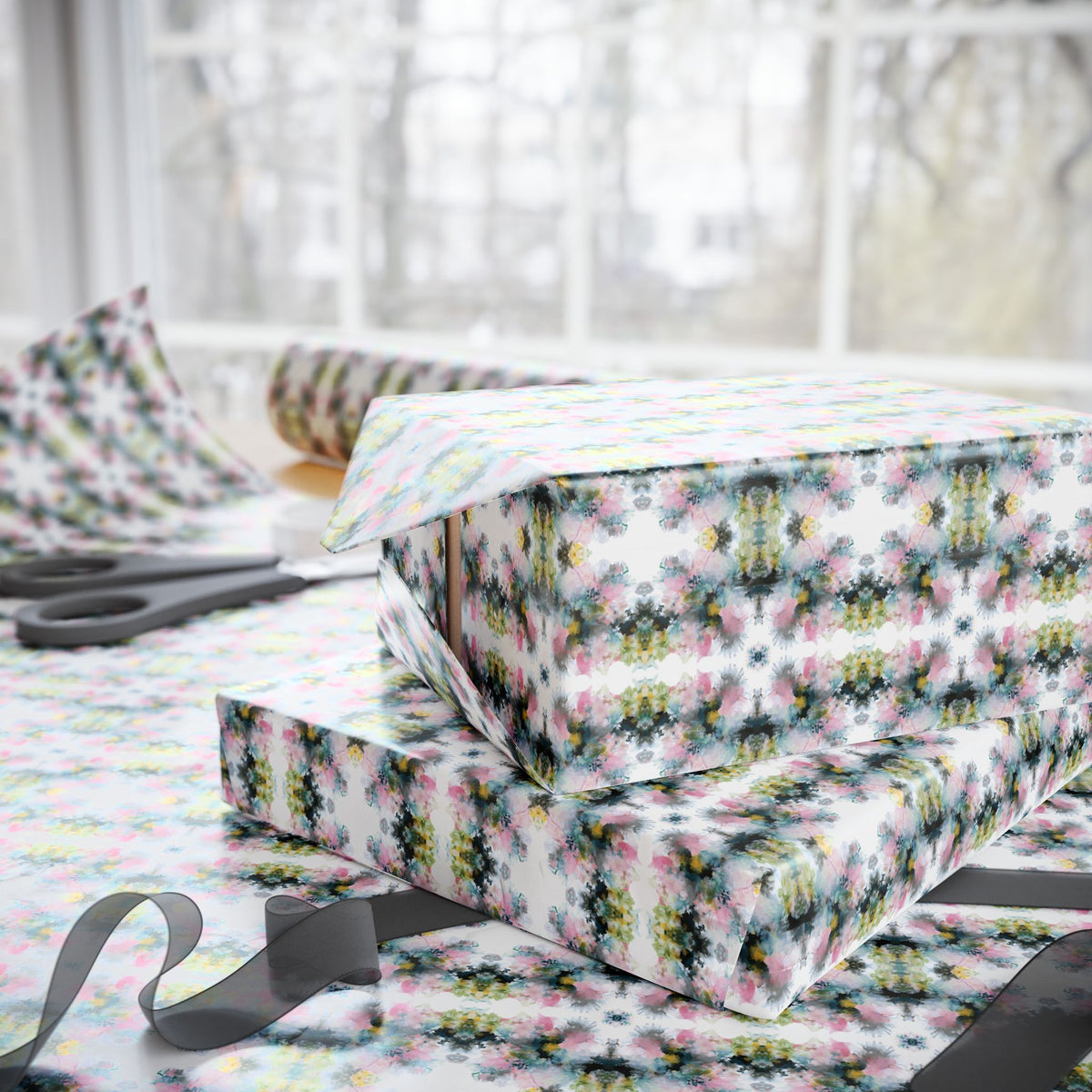 Blush Charcoal Mustard Watercolor Wrapping Paper, Boho Gift Wrap