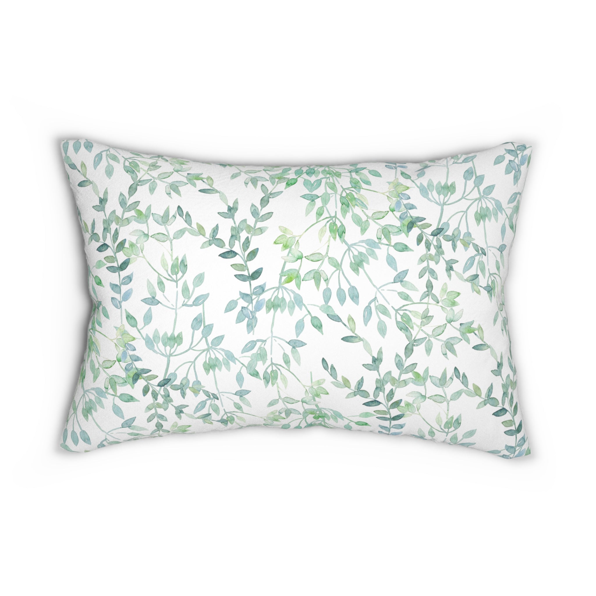 Floral Lumbar Pillow | Sage Teal Green, White Leaves