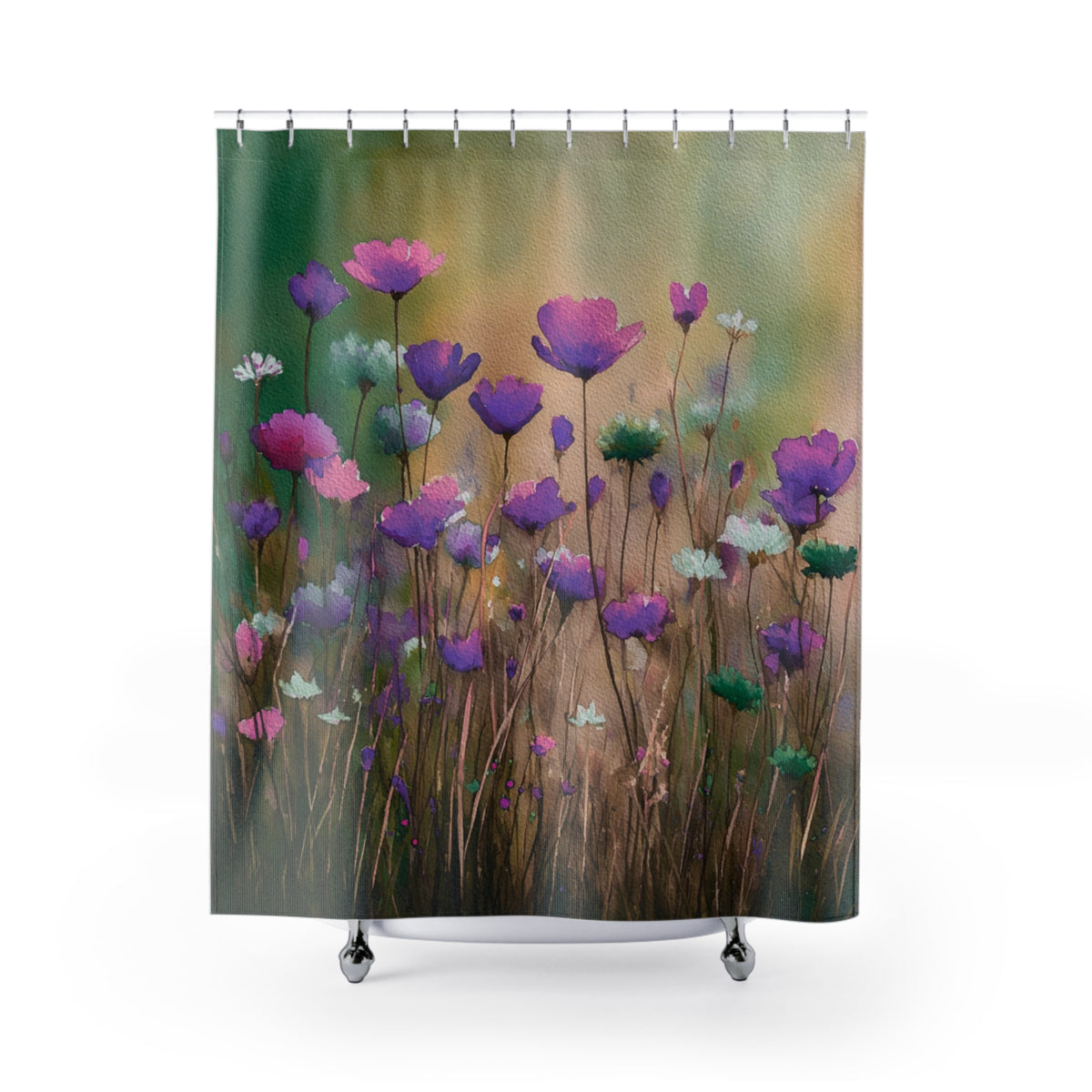 a vibrant and colorful painting of purple flowers in a field, with a lush green background.