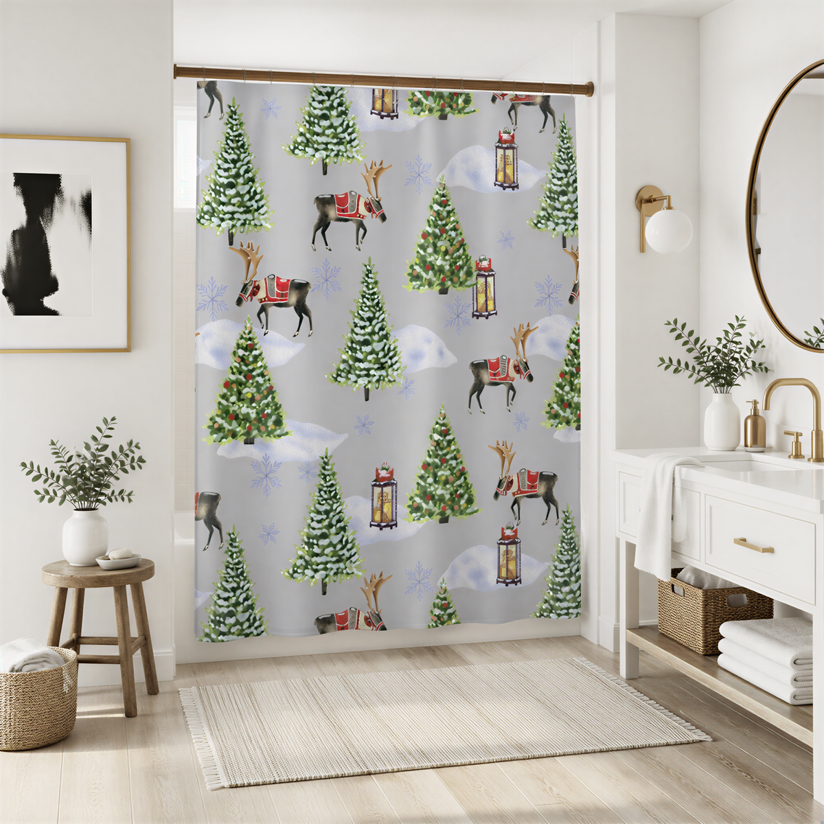 a bathroom with a shower curtain decorated with a Christmas tree and reindeer pattern. The shower curtain is hanging in the bathroom, which has a white sink and a mirror above it. There are also some plants and a rug in the room, adding to the overall decor.