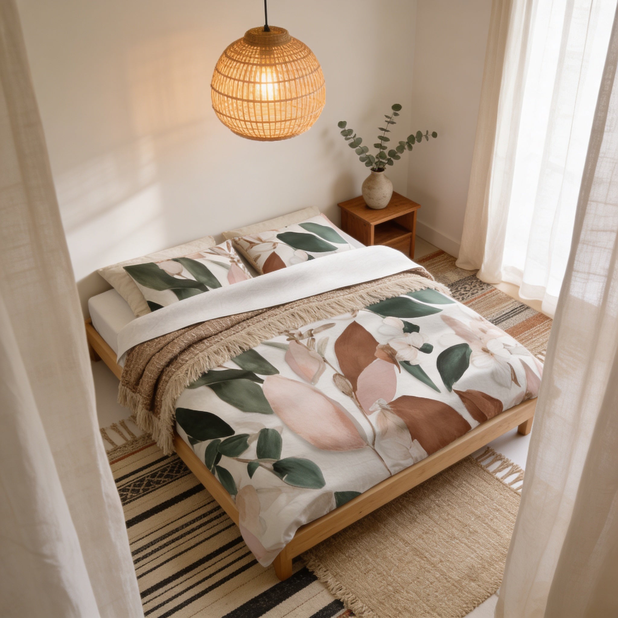 a cozy bedroom with a bed, a wooden nightstand, and a hanging light fixture. The bed is covered in a white and green floral comforter, and there are two pillows on it. The nightstand has a vase of greenery on top, and the room has a striped rug on the floor.