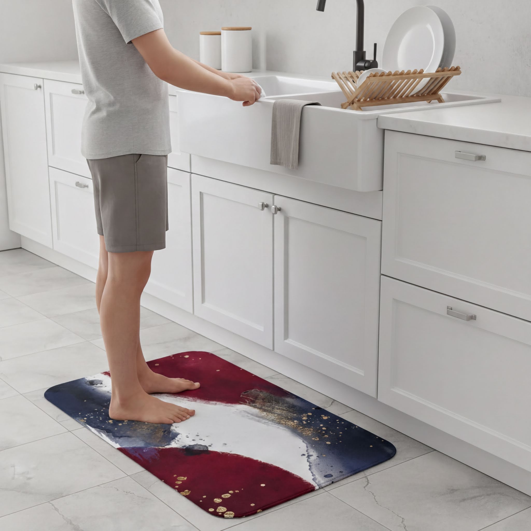 A person standing in a kitchen, reaching for a dish in a wooden dish rack.