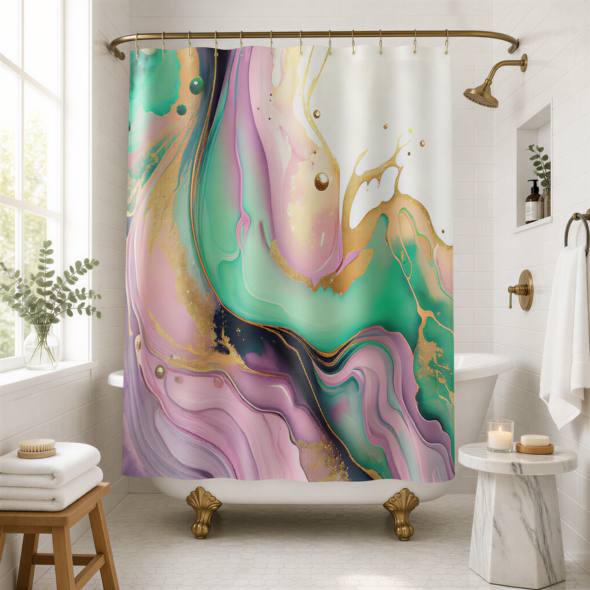a bathroom with a colorful, abstract shower curtain with swirling patterns in shades of pink, green, and blue. The shower curtain is hanging from a gold-colored rod above a white bathtub. The bathroom also includes a wooden stool, a white marble countertop, and a small table with candles.