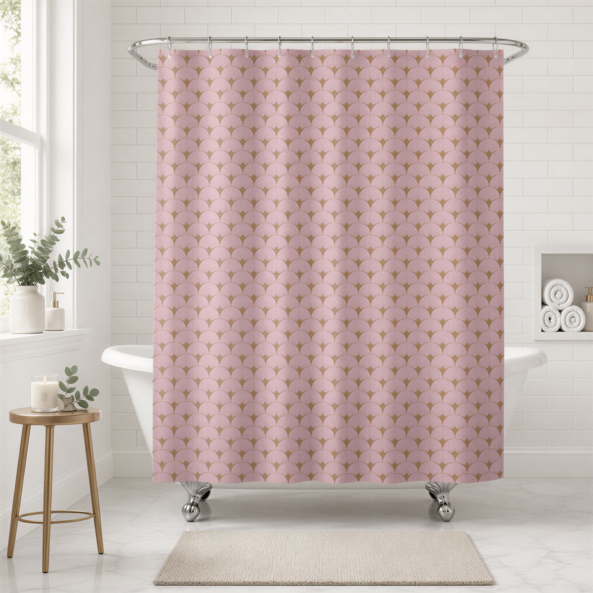 a bathroom with a pink shower curtain featuring a repeating pattern of small circles or ovals. The bathroom has a white bathtub, a small wooden stool, and a beige rug on the floor.