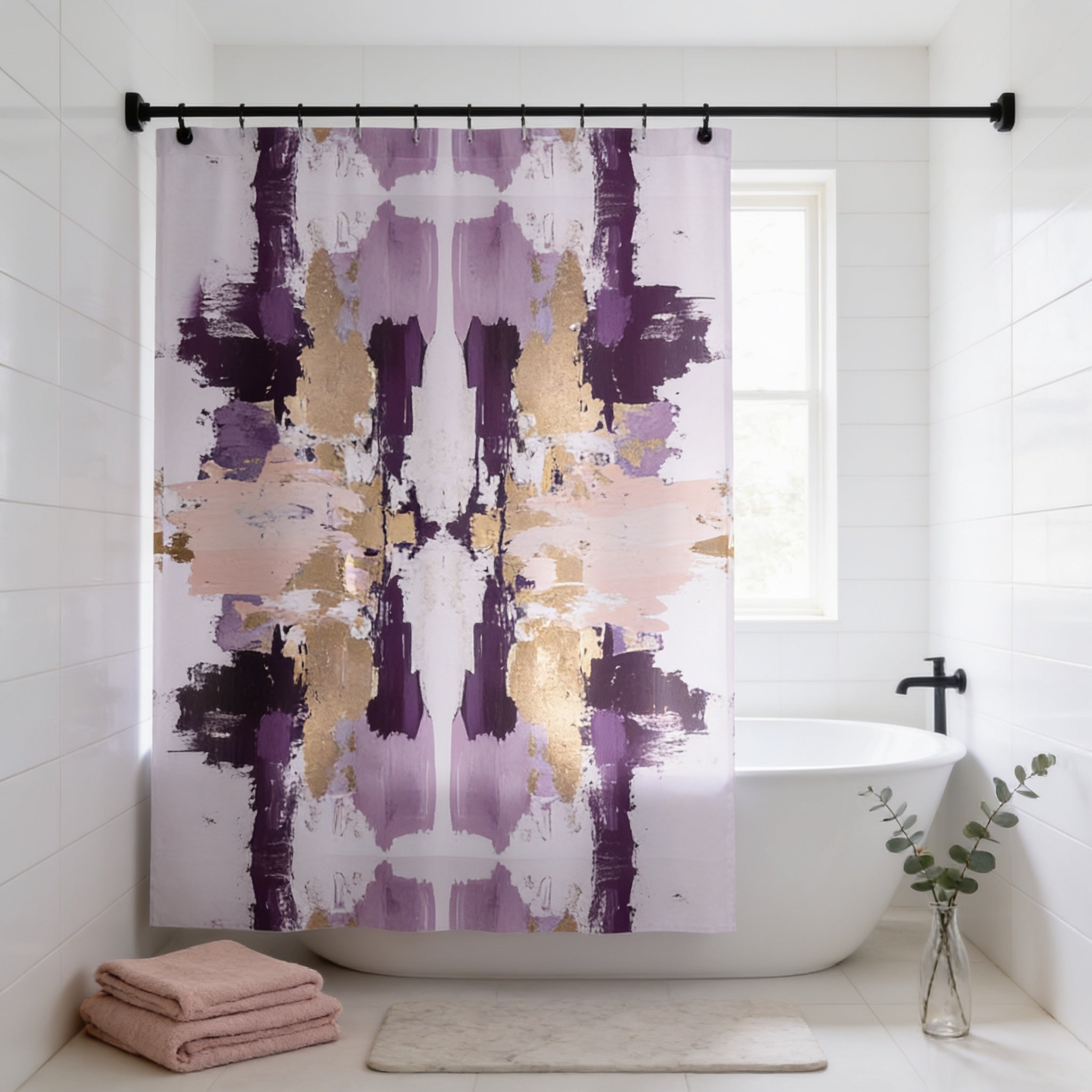 a bathroom with a white bathtub, a shower curtain with a purple and gold abstract design, and a vase of greenery on the floor.