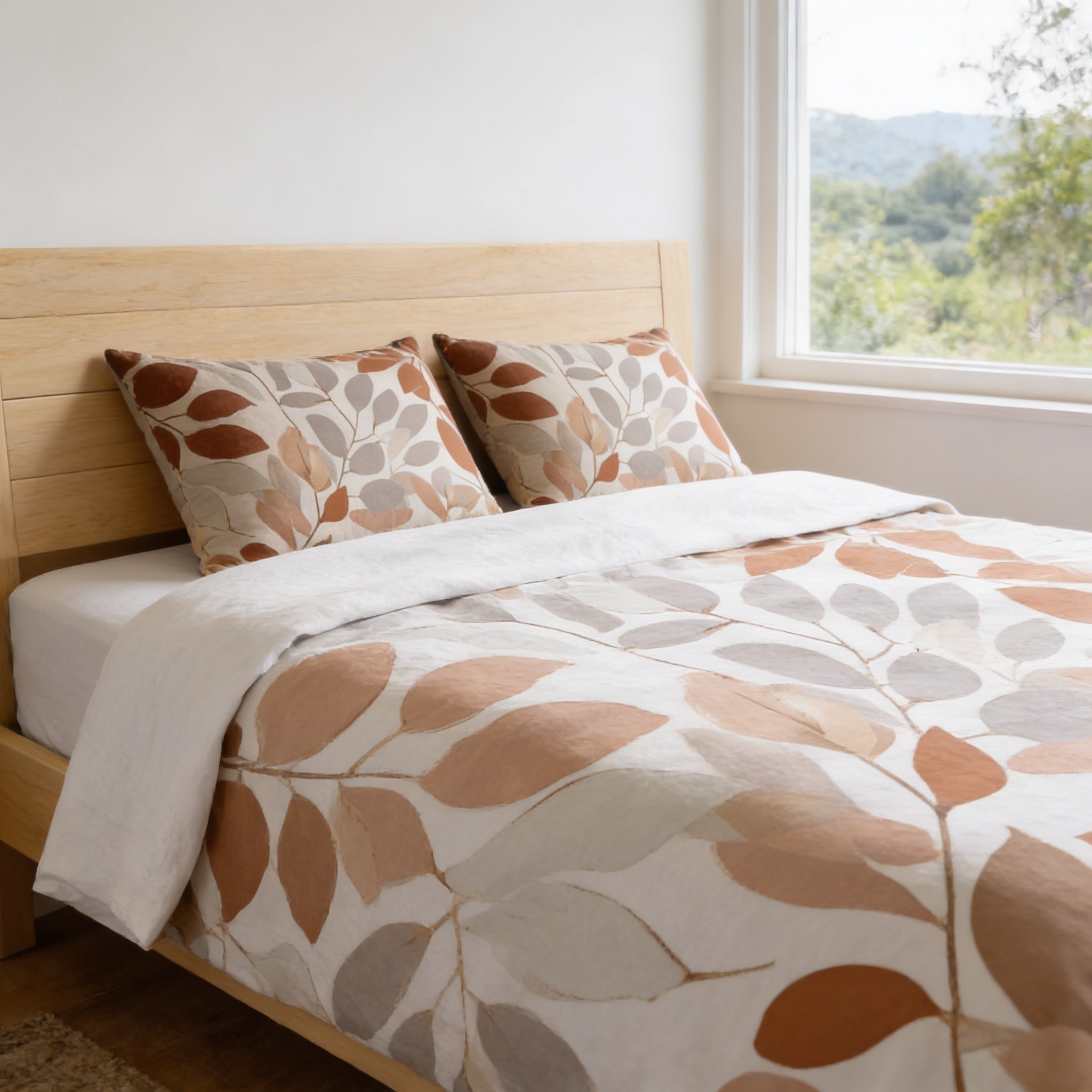 a cozy bedroom with a bed covered in a white comforter and pillows featuring a leaf pattern. The bed is positioned against a wall with a window, providing a view of the outdoors.