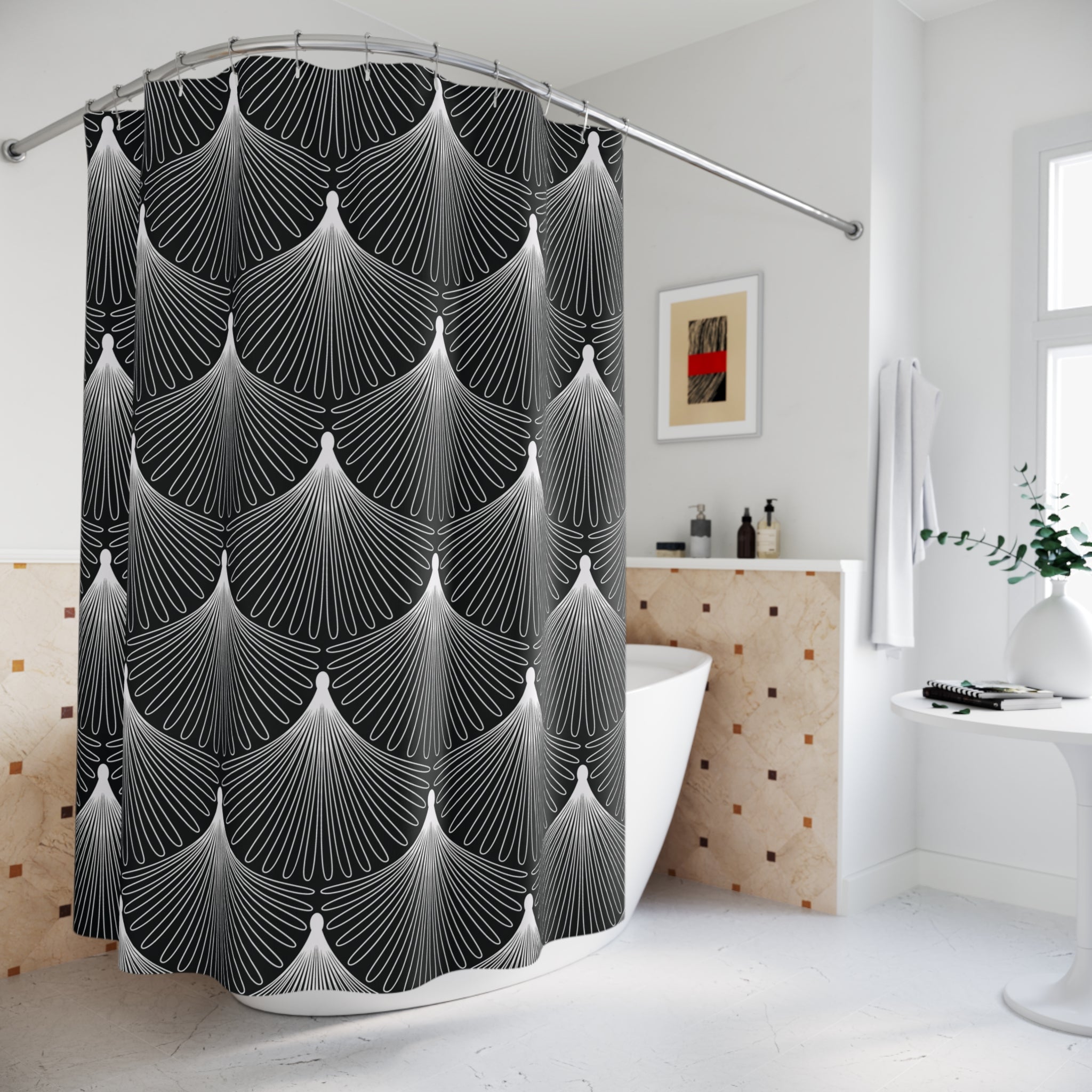 Black and White Shower Curtain | Art Deco Crane, Fan