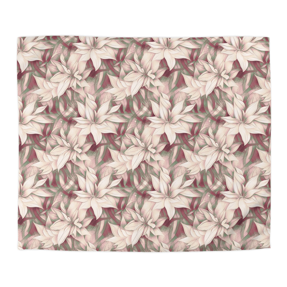 a repeating pattern of large white flowers with green leaves against a white background.