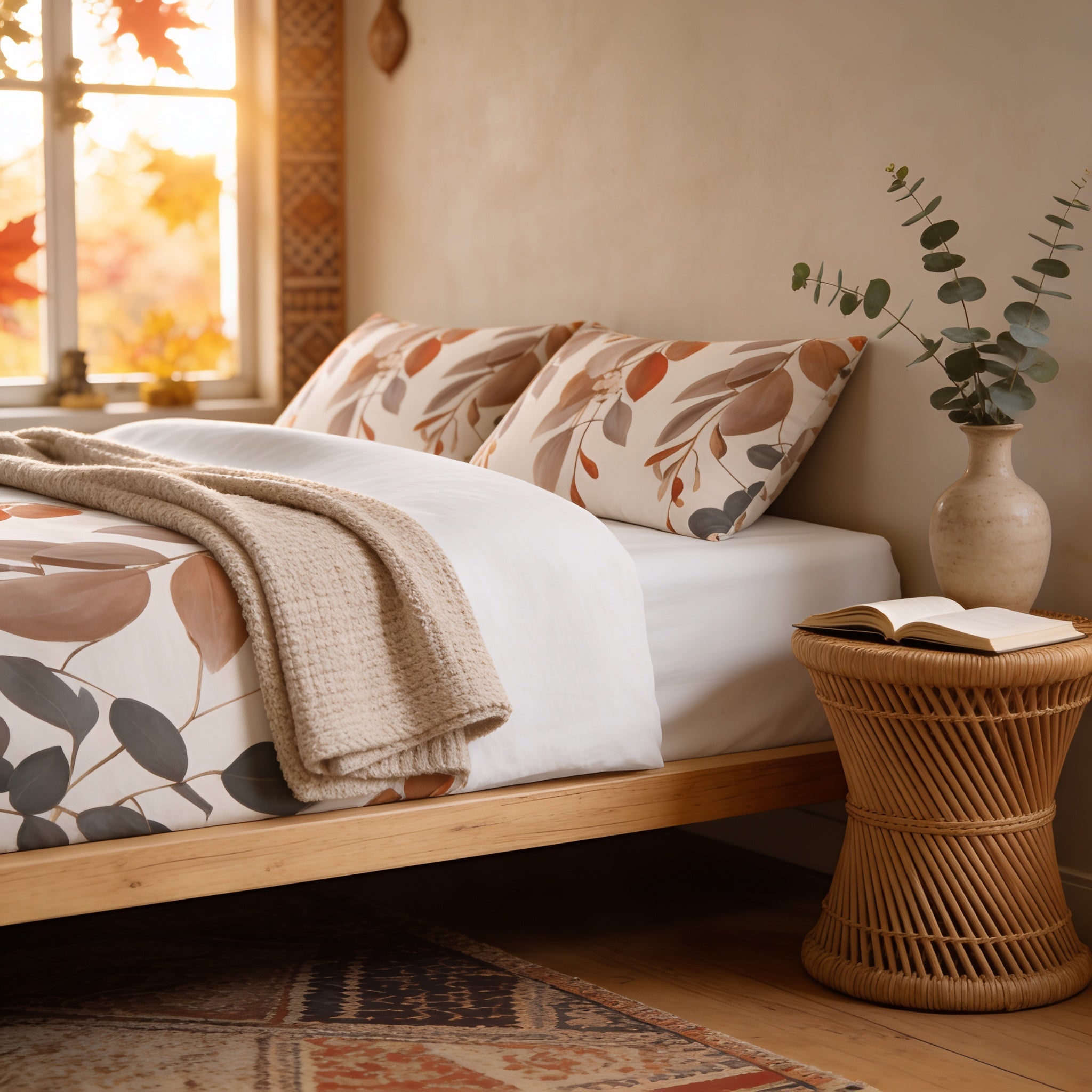 a cozy bedroom scene with a bed, pillows, a woven side table, and a vase with greenery. The bed has a white comforter and a patterned blanket, and the pillows are patterned with autumn leaves. The side table has a woven design and holds a book and a vase with greenery. The room has a warm, inviting atmosphere with natural light coming through a window.