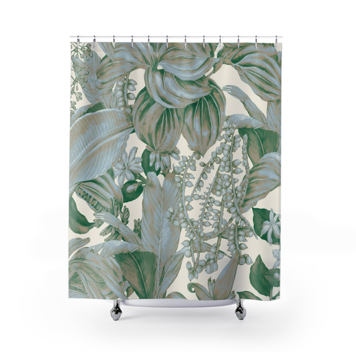 a shower curtain with a repeating pattern of green leaves and flowers, creating a lush and vibrant visual effect.
