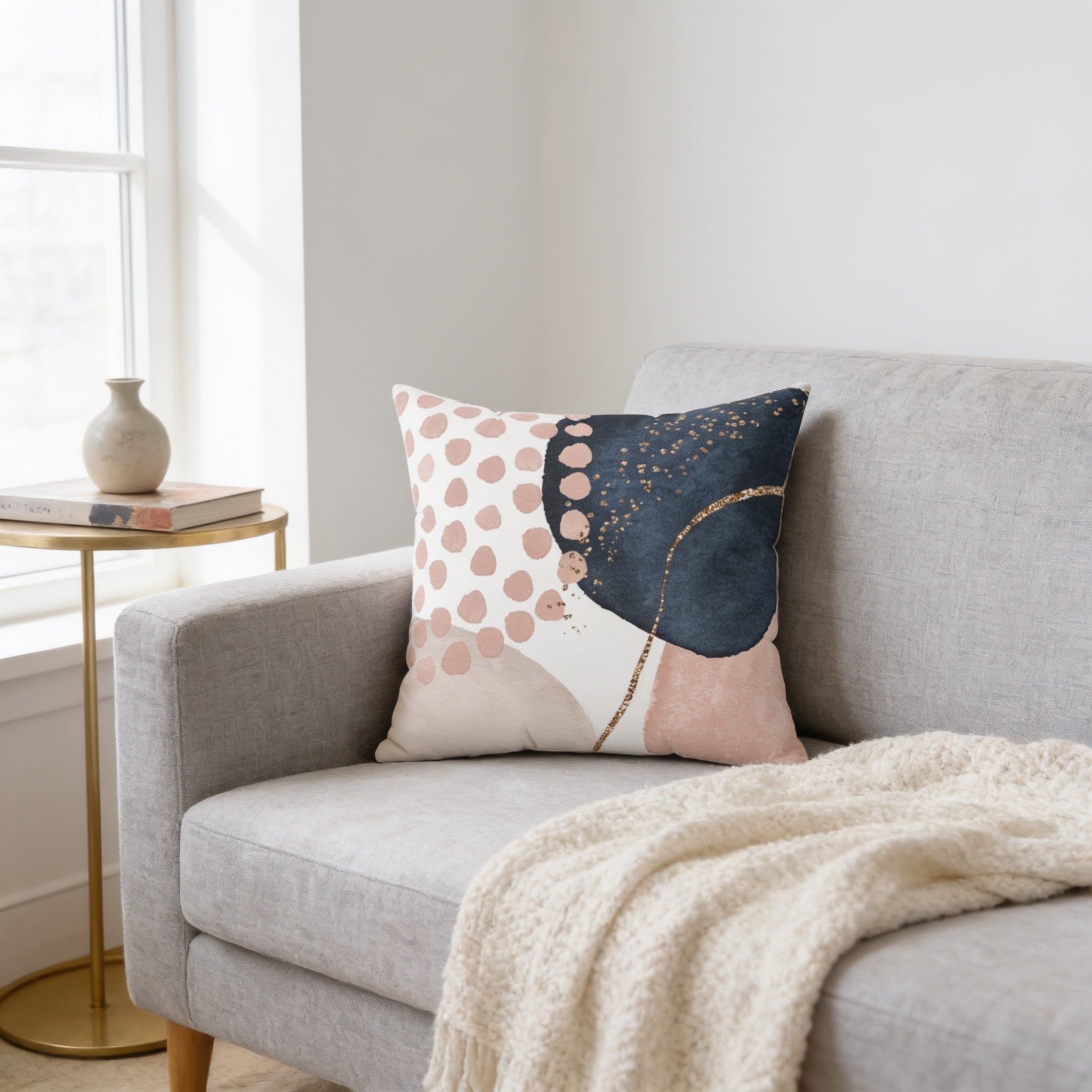 a gray sofa with a throw blanket draped over it, and a decorative throw pillow with a polka dot pattern and a dark blue abstract design.