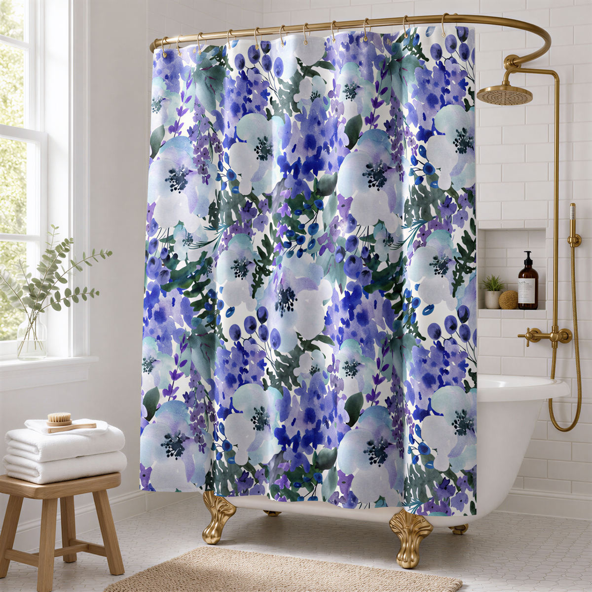 a bathroom with a white bathtub, a shower curtain with a floral pattern in shades of blue and purple, and a wooden stool.