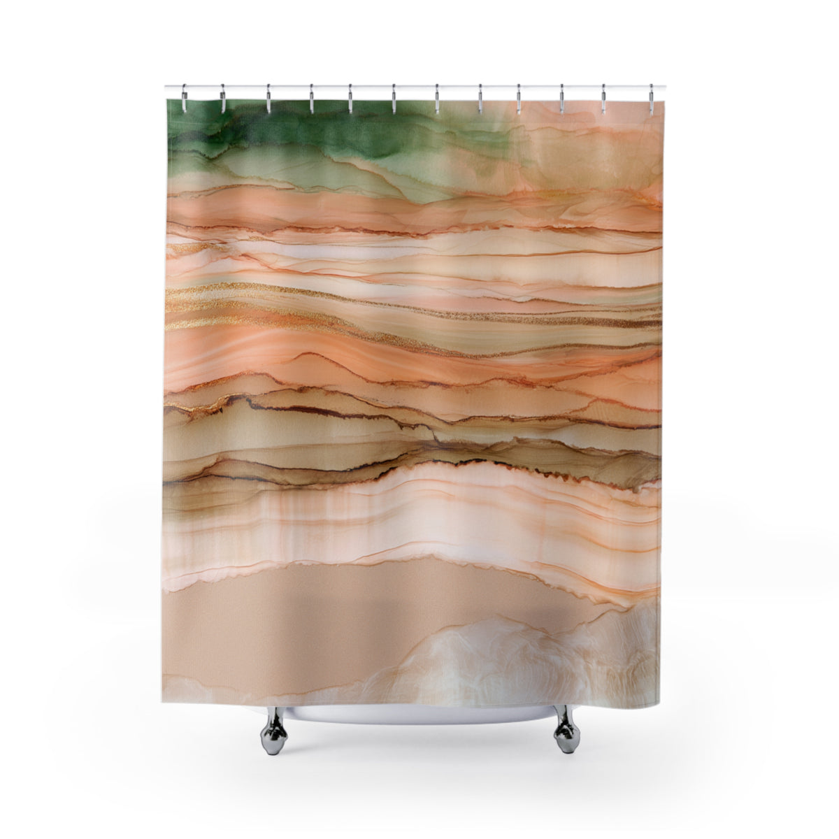 Terracotta Green Abstract Agate Shower Curtain, Bath Curtain 71x74