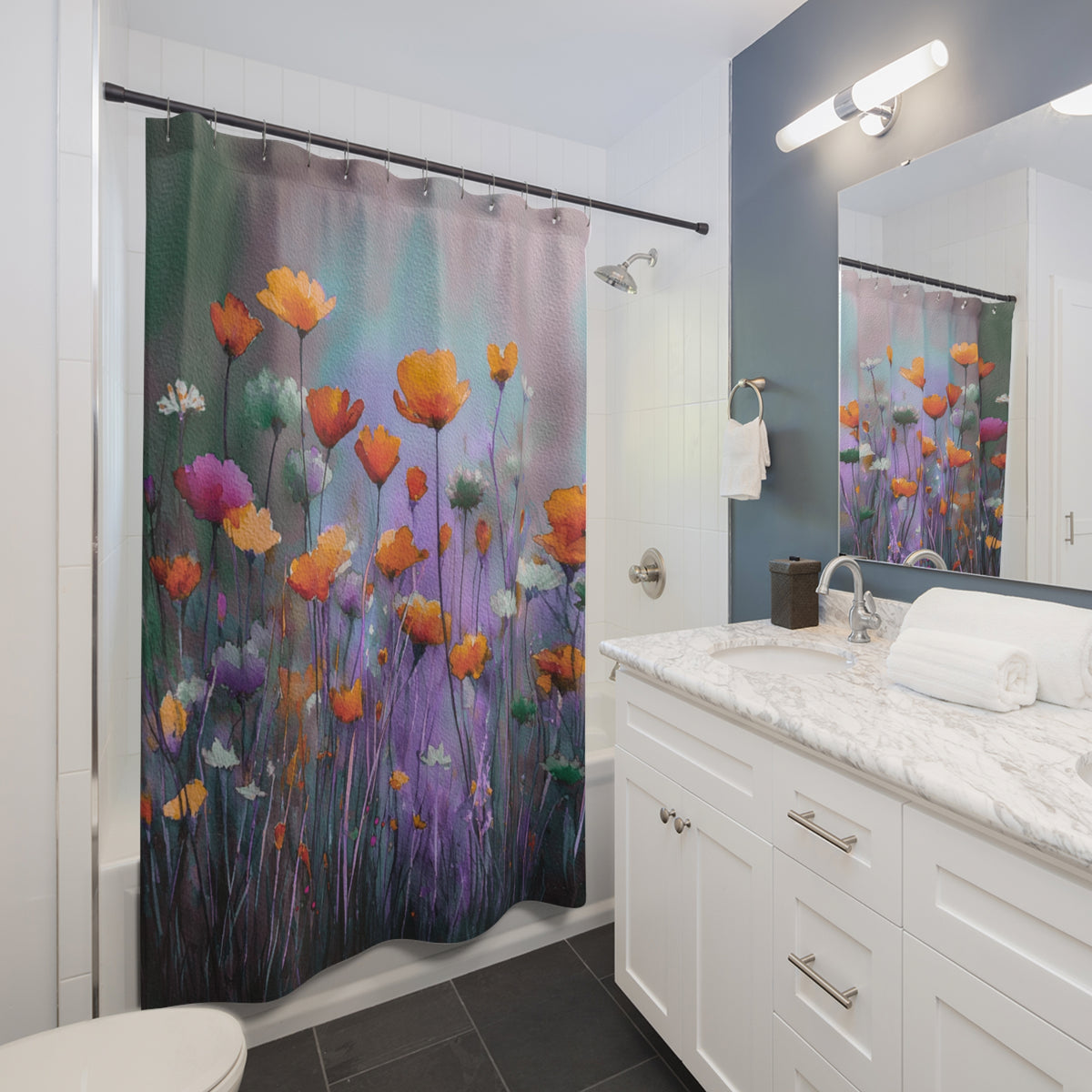 a bathroom with a shower curtain featuring a colorful floral design.