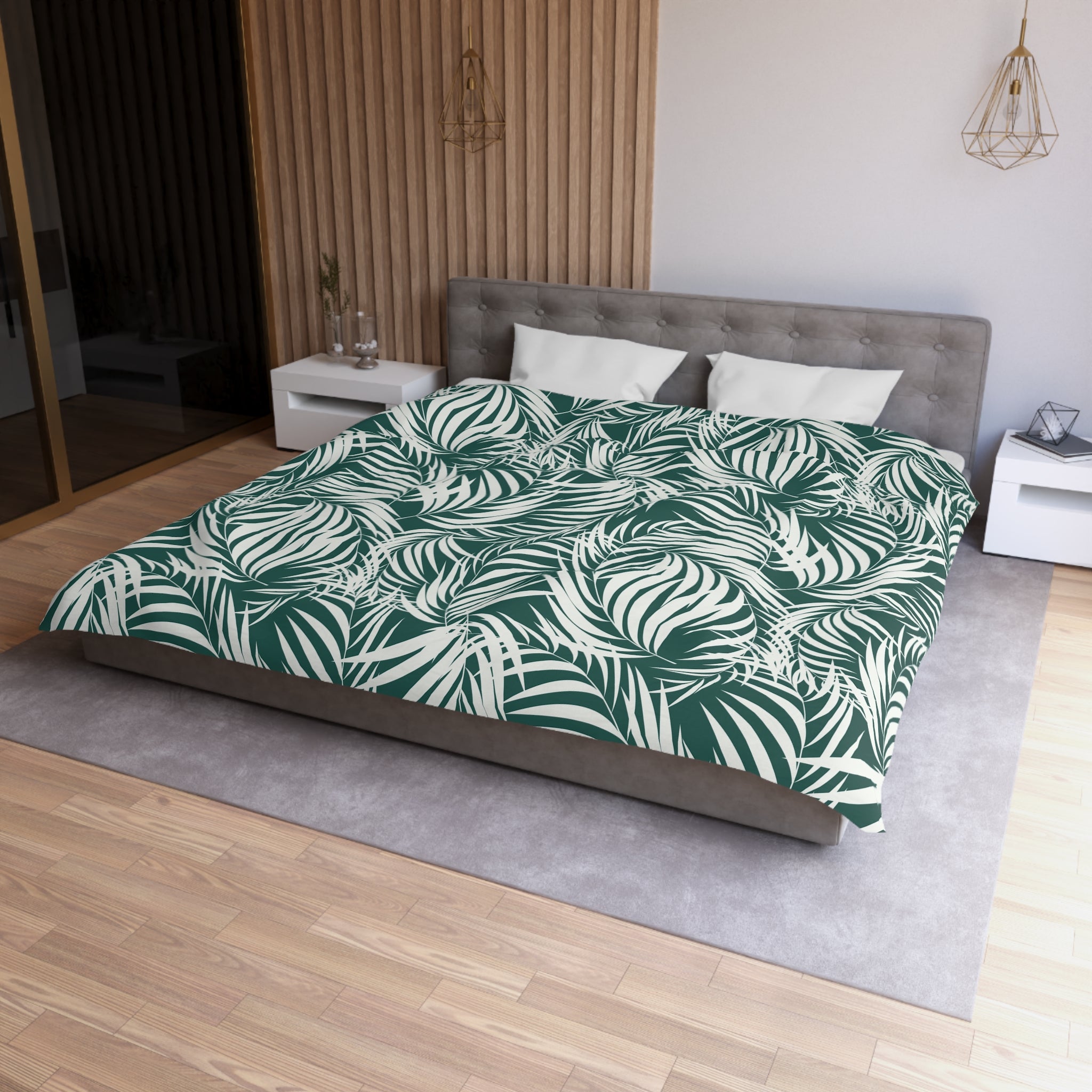 Floral Cotton Duvet, Pillow Cover | Tropical Nature Teal White Leaves Bedroom Decor