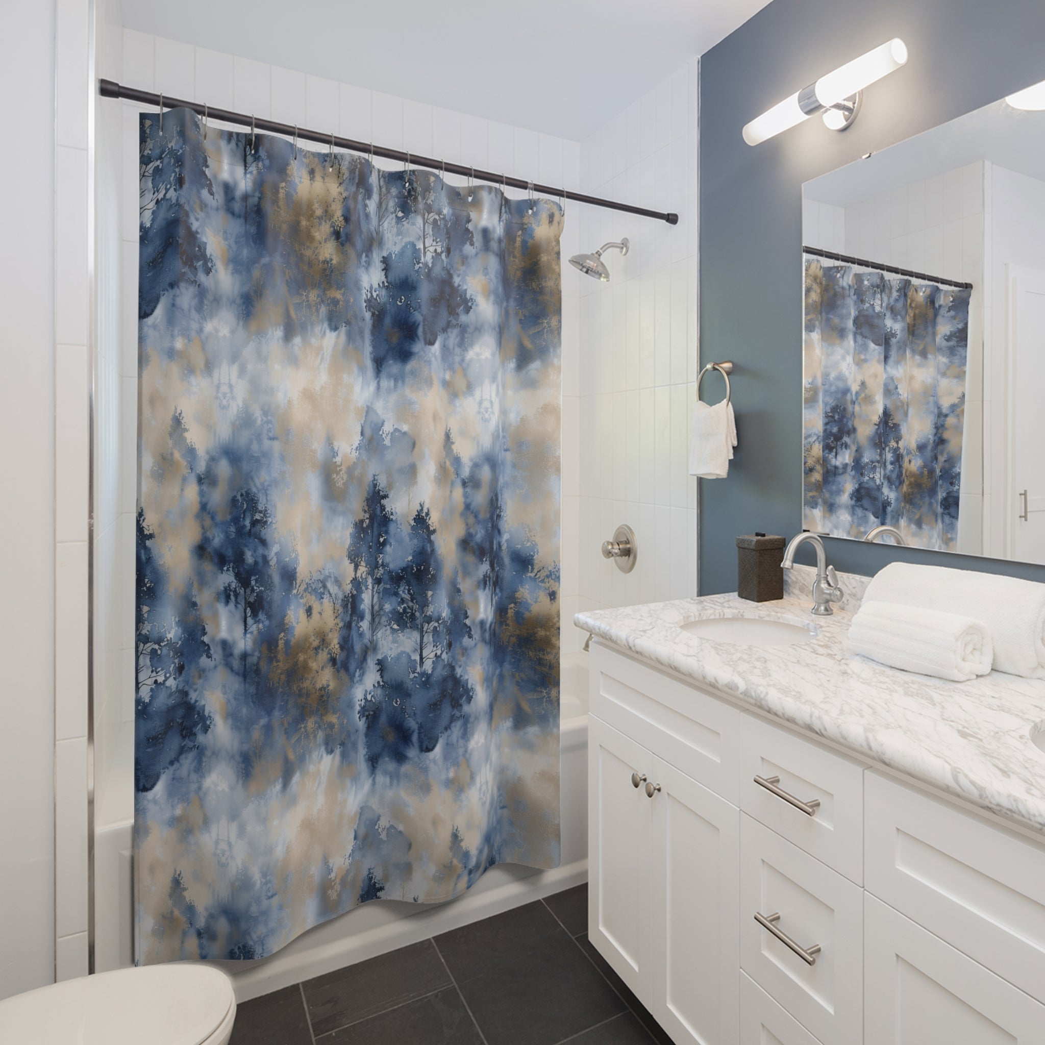 Abstract Shower Curtain | Blue Beige Nature Watercolor