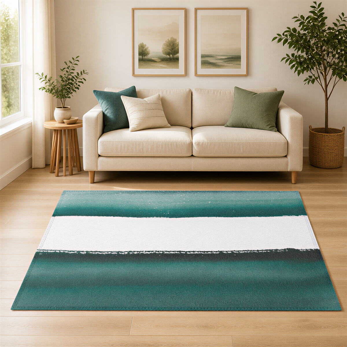 a cozy living room with a beige sofa, a green and white striped area rug, and two framed landscape paintings on the wall.