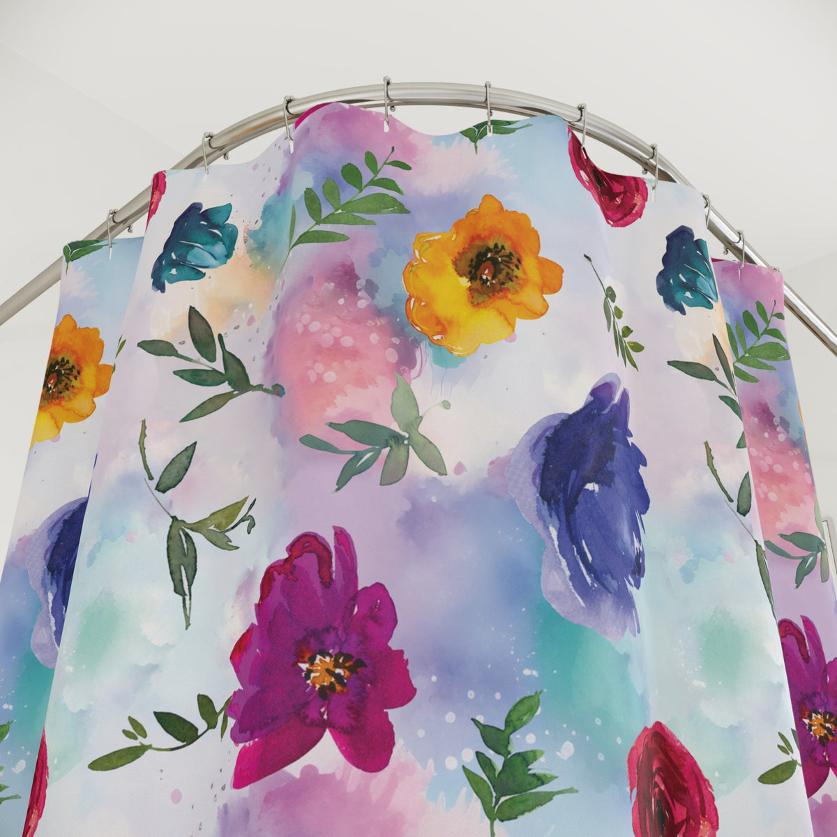 a colorful floral pattern on a shower curtain, with various flowers and leaves in shades of pink, purple, yellow, and blue.