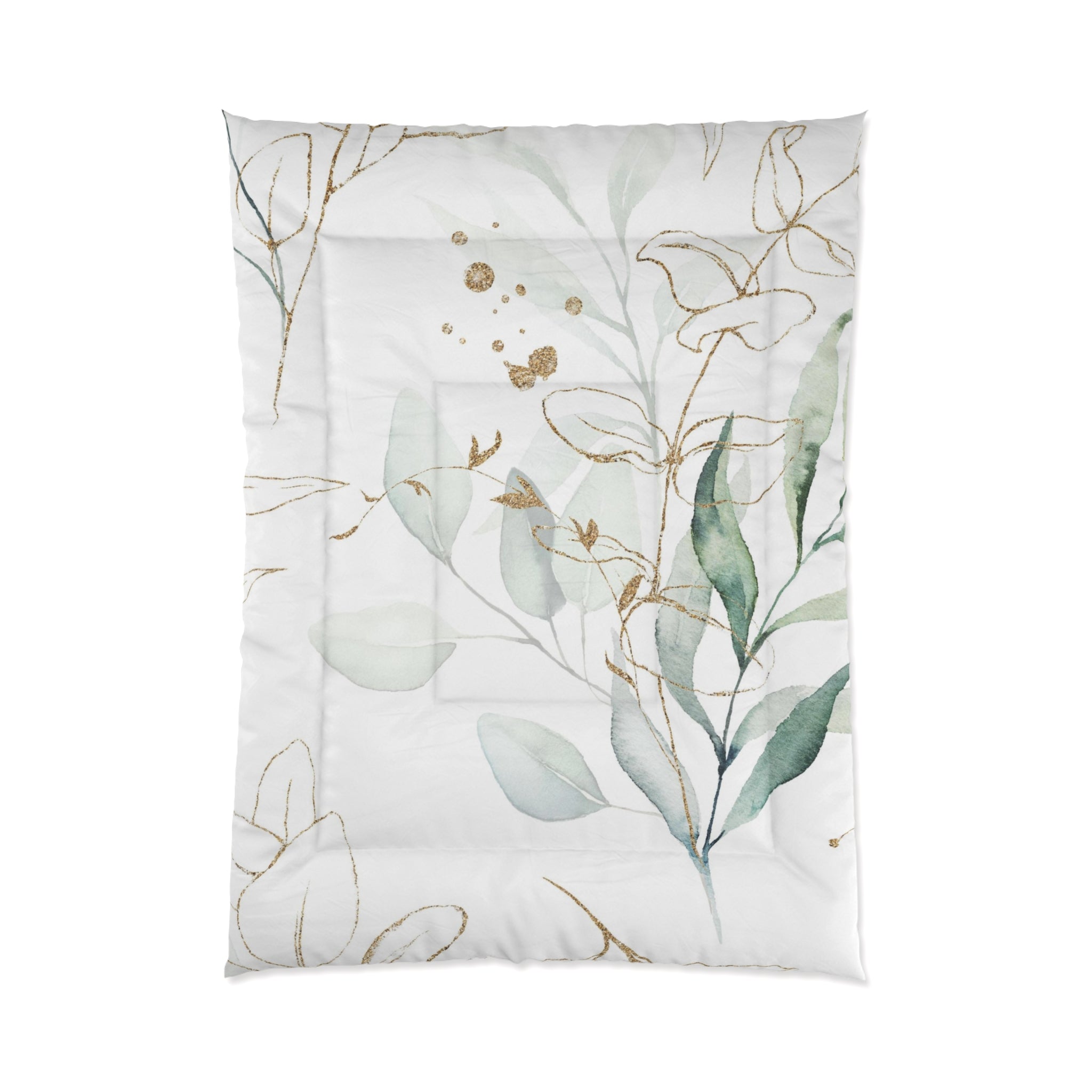 Floral Comforter | White Sage Green, Beige Leaves