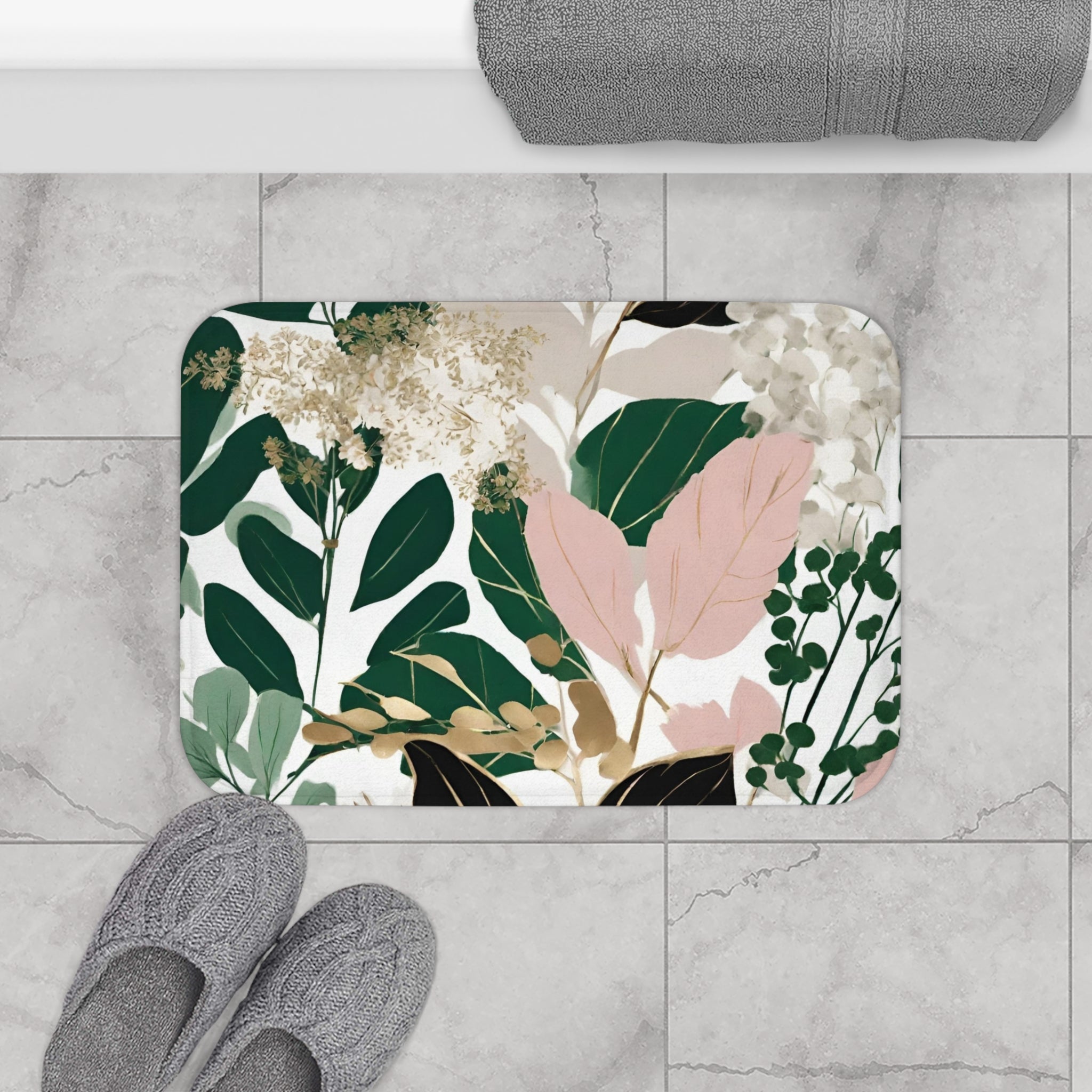 Floral Bath Mat | White, Beige, Emerald Green, Pink Leaves