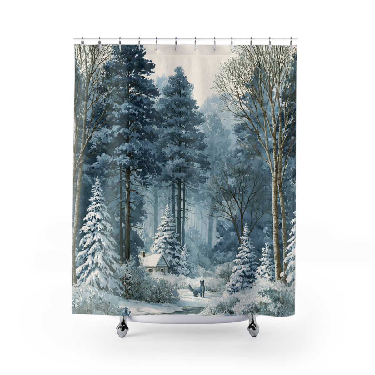 Frosted Blue Snowy Forest Shower Curtain, Bath Curtain 71x74