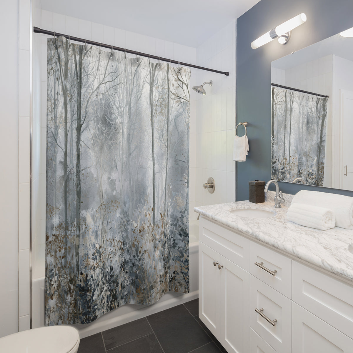 Grey Blue Misty Winter Forest Shower Curtain, Bath Curtain