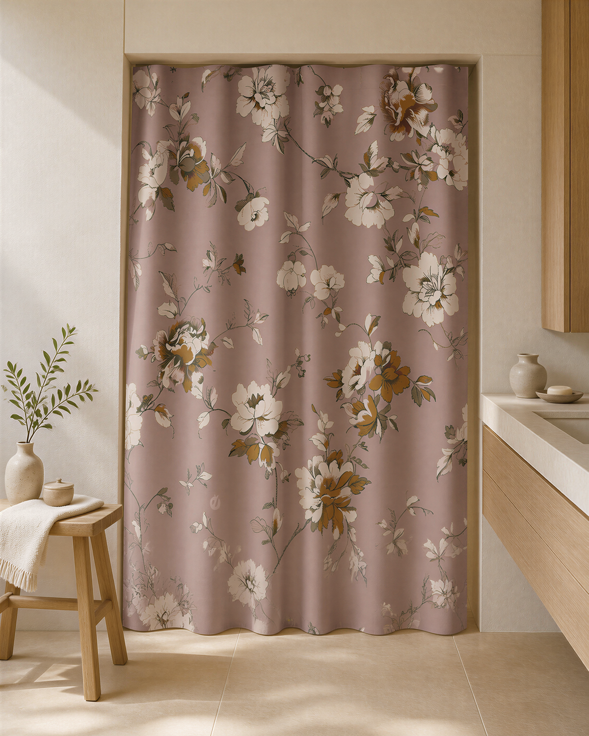 a bathroom with a floral patterned shower curtain, a wooden stool, and a small plant on a shelf.