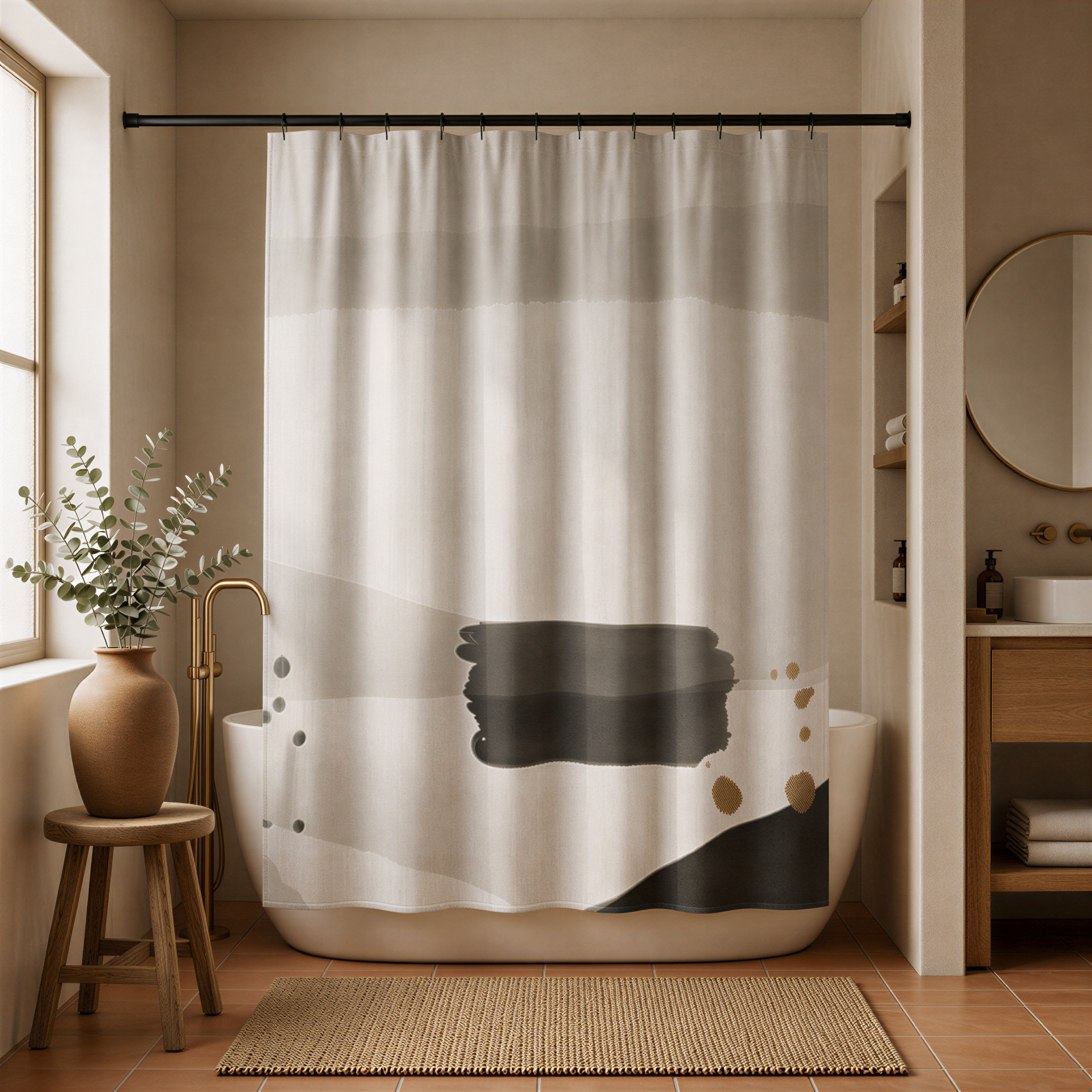 a modern bathroom with a white bathtub, a shower curtain featuring a black and white abstract design, and a wooden stool with a vase of greenery.