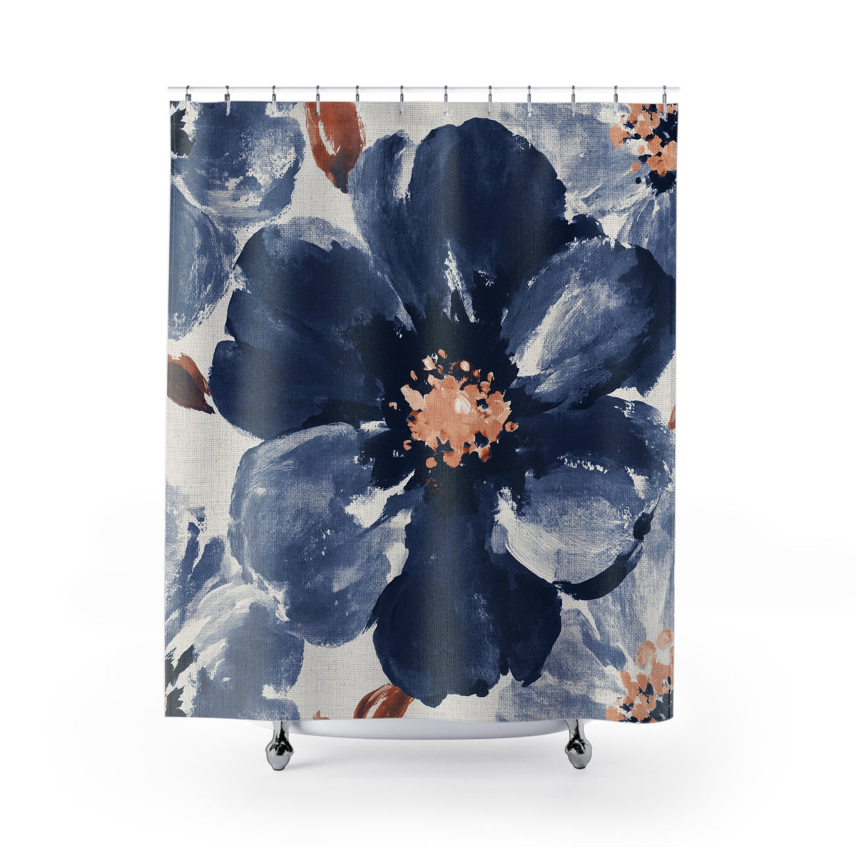 Navy Terracotta Watercolor Poppy Shower Curtain, Bath Curtain 71x74