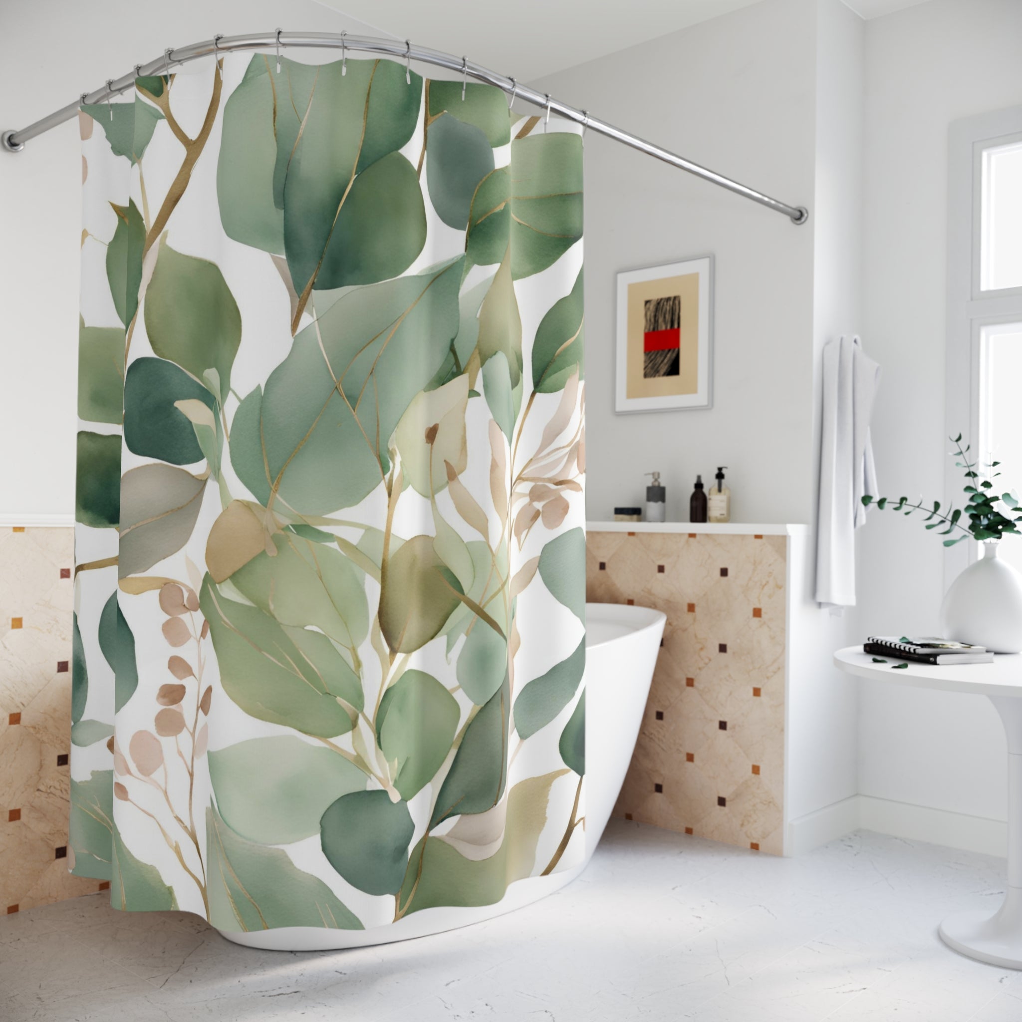 Floral Shower Curtain | Sage Green Blush White Leaves
