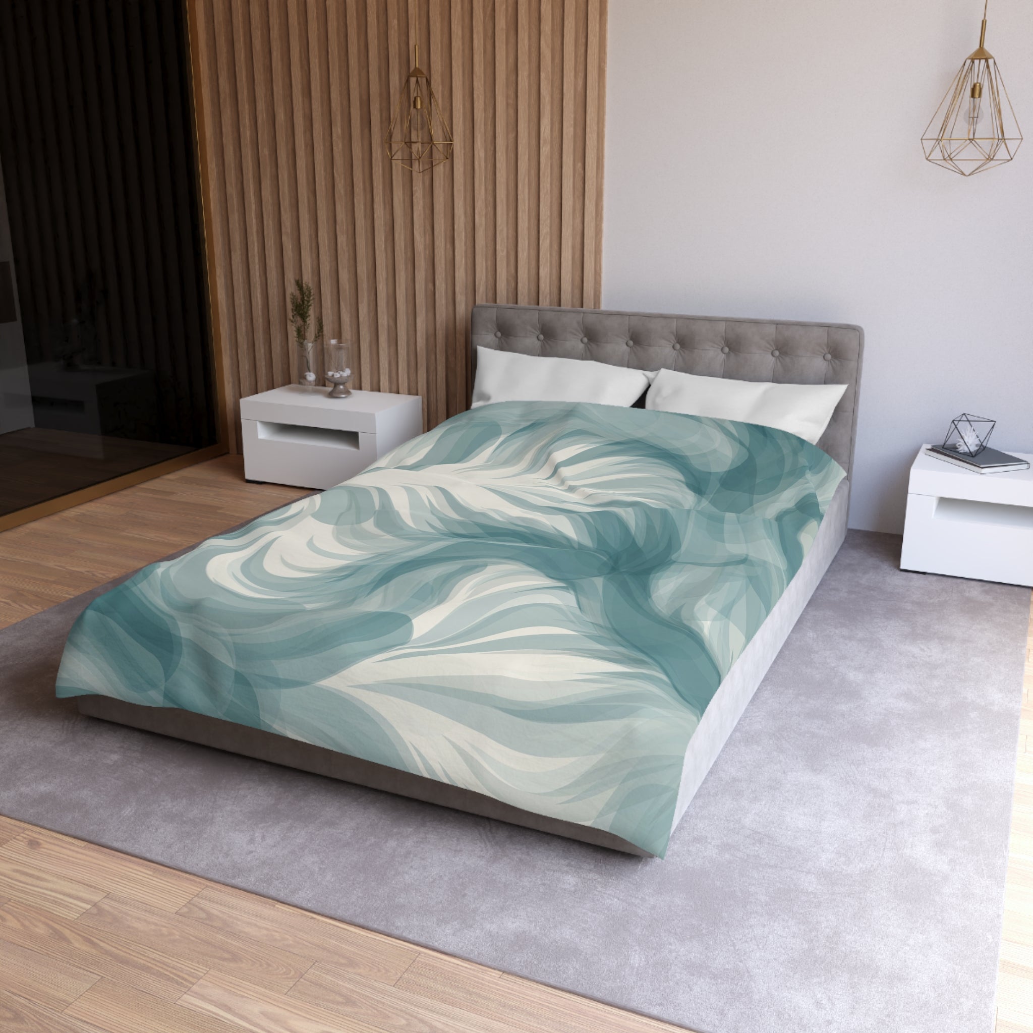 a modern bedroom with a large bed, a gray headboard, and a green and white patterned comforter. The room has a neutral color scheme with white walls and a gray carpet. There are two nightstands on either side of the bed, and a pendant light hangs above the bed.
