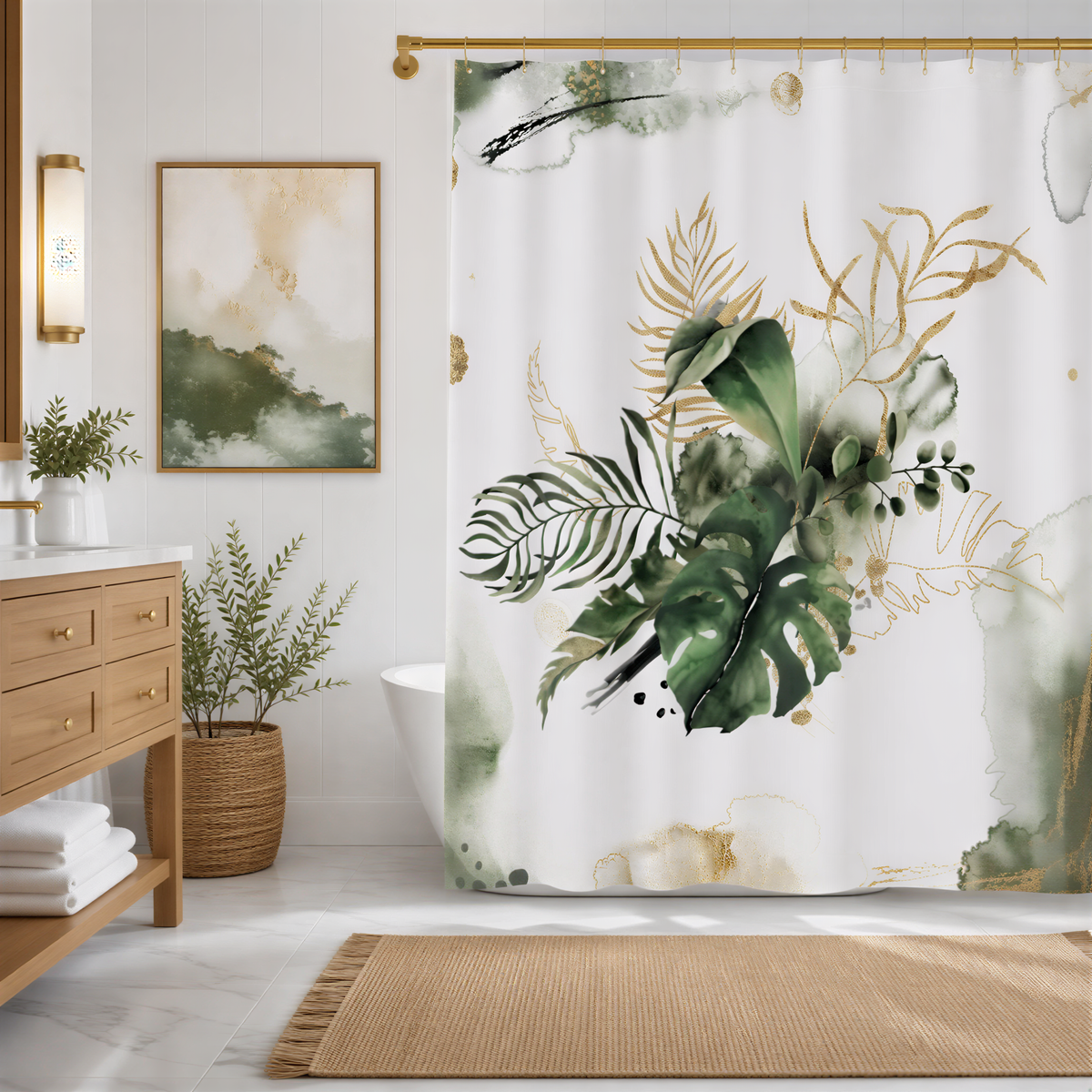 a bathroom with a shower curtain featuring a lush green and gold plant design. The bathroom is well-decorated with a wooden vanity, a rug, and a potted plant.