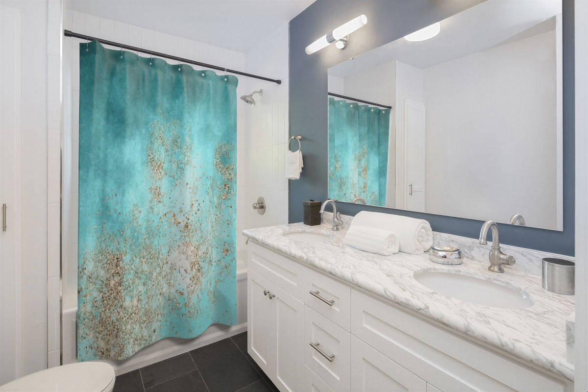 Abstract Boho Shower Curtain Teal Blue Sandy Beige