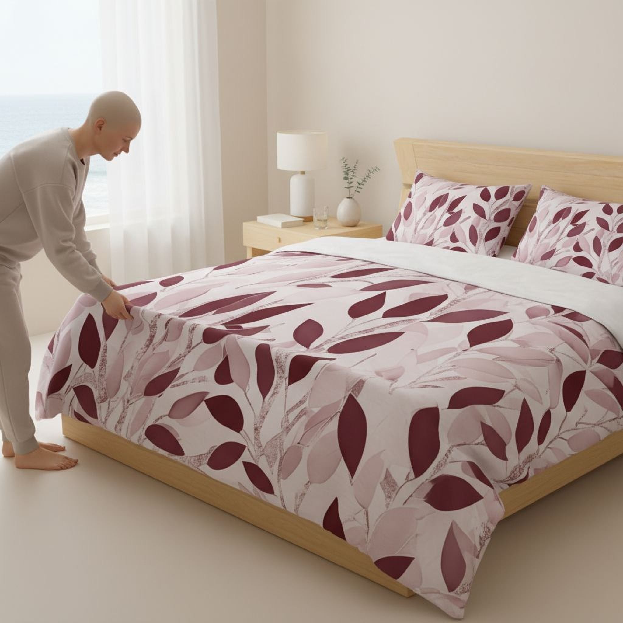 A person is arranging the bed with a floral patterned comforter and pillows.