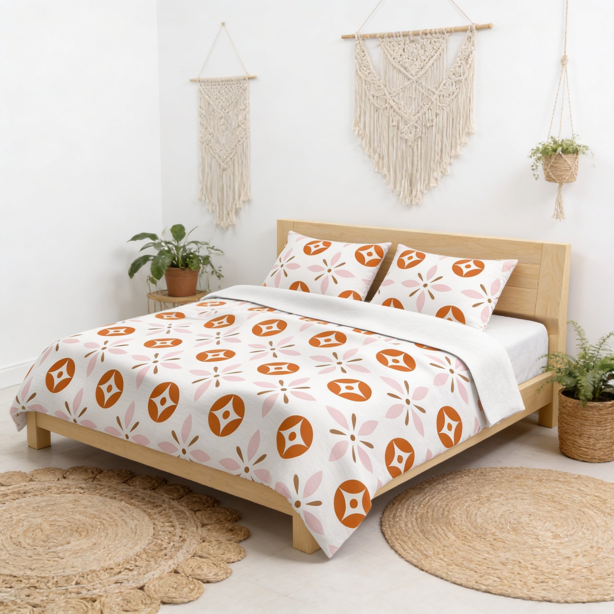 a bedroom with a bed featuring a white and orange patterned comforter and pillows. The room has a minimalist and modern design, with a white wall, a wooden headboard, and a woven rug on the floor. There are also two hanging macrame decorations and potted plants in the room.