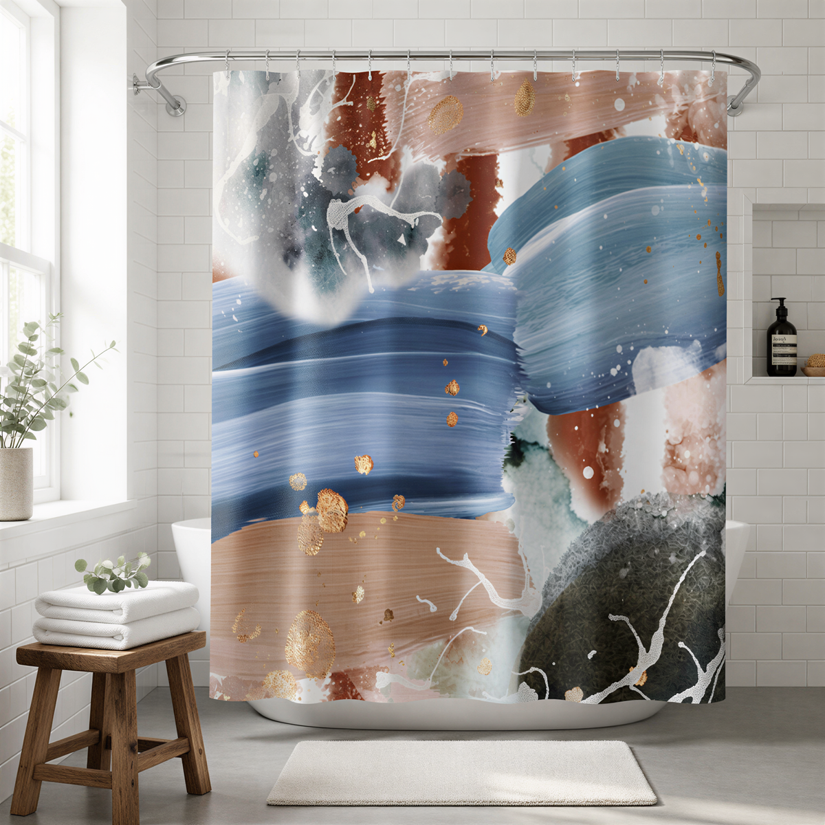 a bathroom with a shower curtain that has a colorful abstract design with blue, orange, and brown brushstrokes. The shower curtain is hanging from a rod above a white bathtub. There is a wooden stool in the foreground, and a window can be seen on the left side of the image.