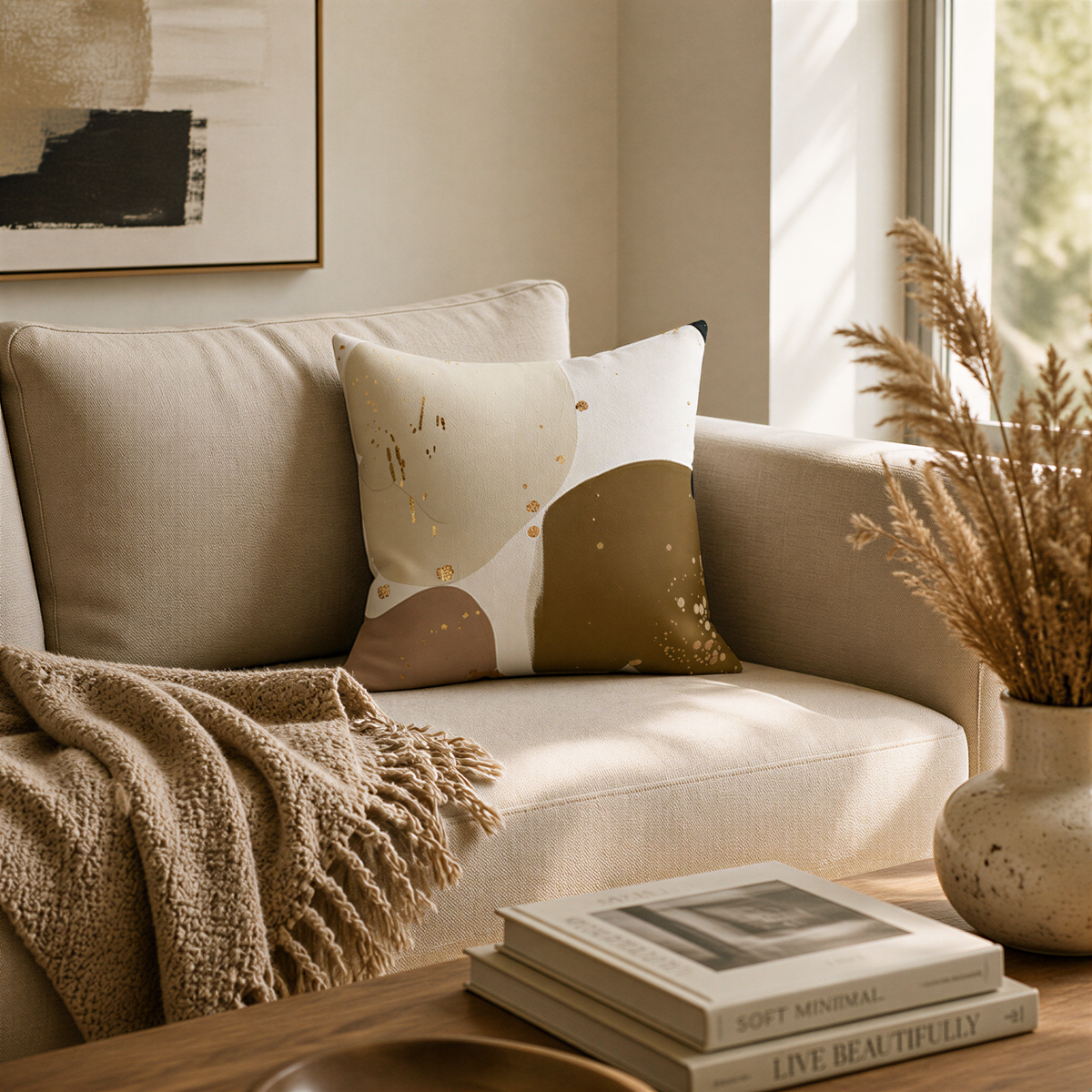 a cozy living room with a beige sofa, a decorative throw blanket, and a stack of books on a coffee table. The room has a window that allows natural light to enter, and there is a vase with dried flowers on the table.