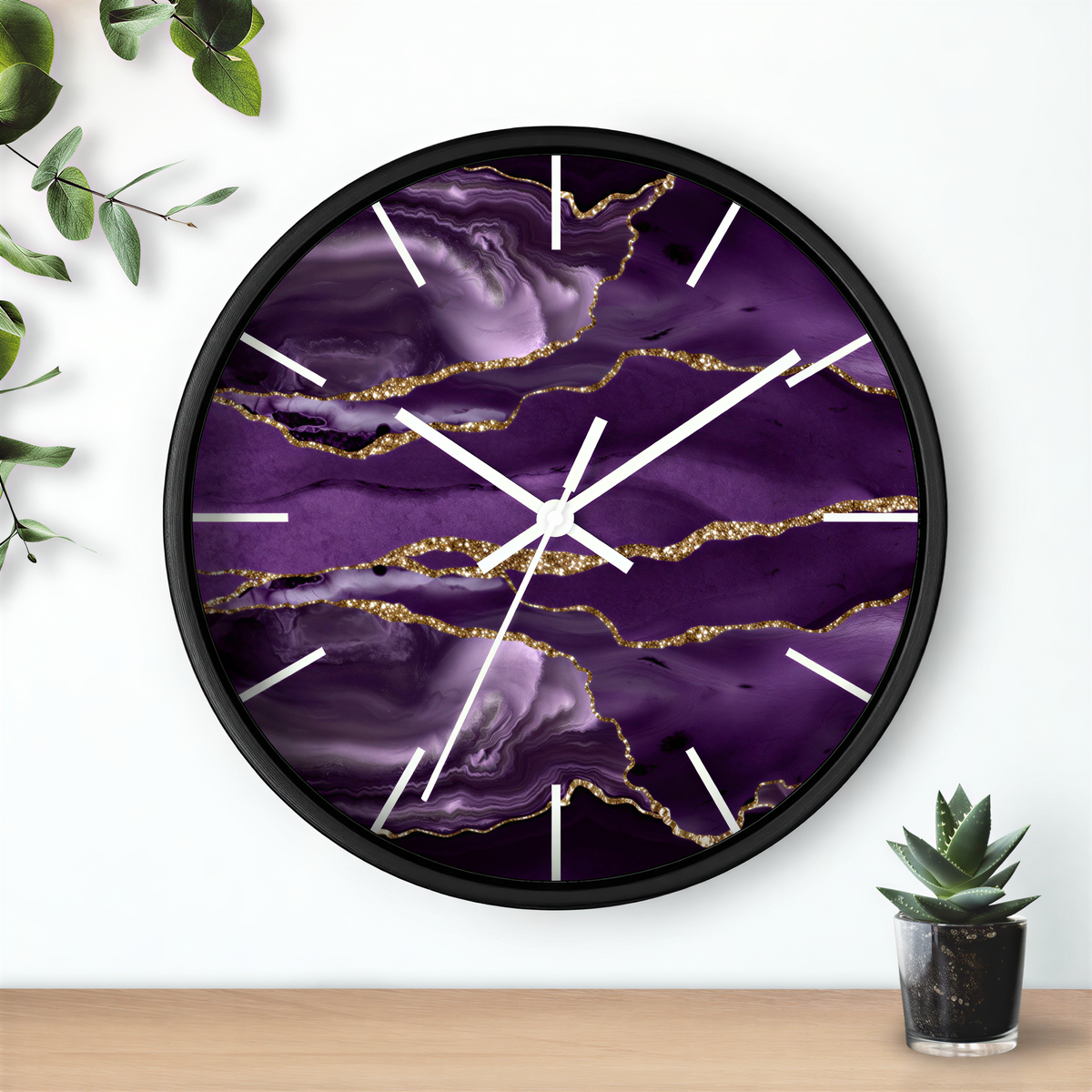 Marble Print Wood Wall Clock Purple Gold hanging above a console table