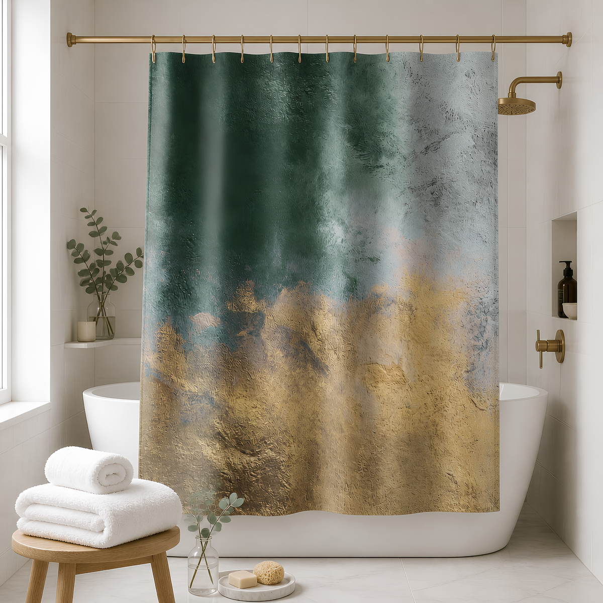 a bathroom with a white bathtub, a shower curtain with a colorful abstract design, and a wooden stool with rolled towels.