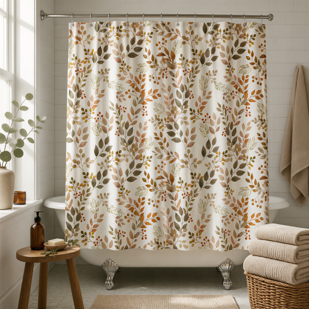 a bathroom with a white bathtub, a shower curtain with a leafy pattern, and a wooden stool. There is also a basket of towels and a plant in the room.