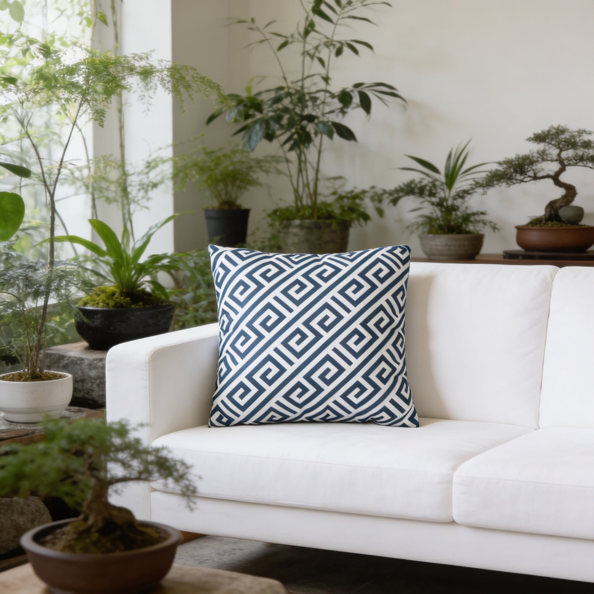 a white sofa with a blue and white patterned throw pillow, surrounded by various potted plants and plants in pots, creating a cozy and natural atmosphere.