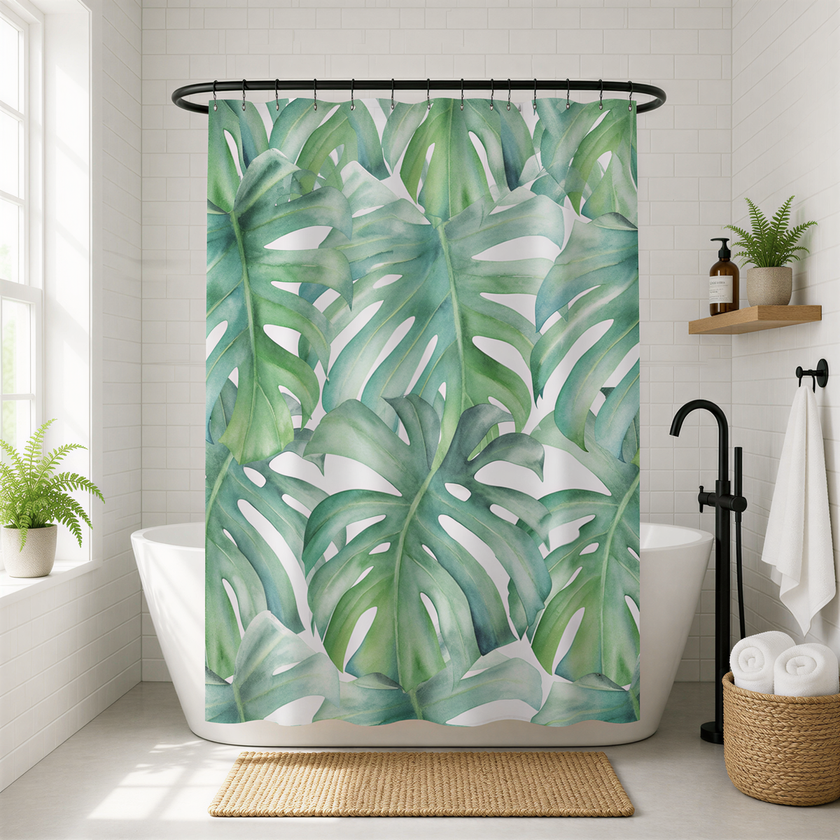 a bathroom with a shower curtain adorned with a tropical leaf pattern in shades of green and white. The shower curtain is hanging from a rod, and there are potted plants placed around the room, adding a touch of nature to the space.
