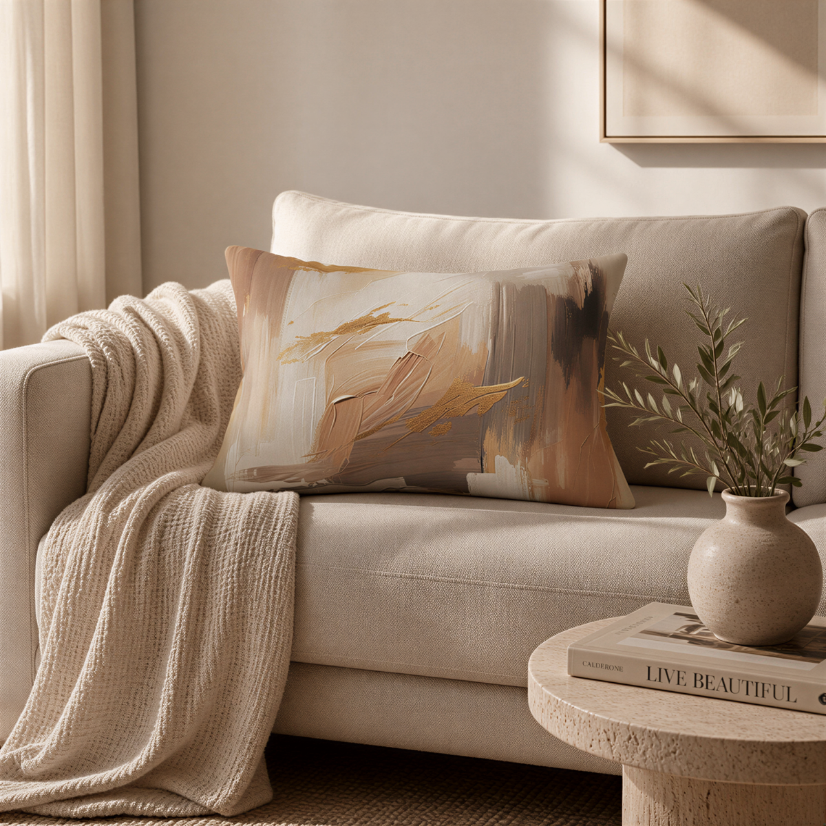 a cozy living room with a beige sofa, a throw blanket, a vase with greenery, and a book on a small round table.