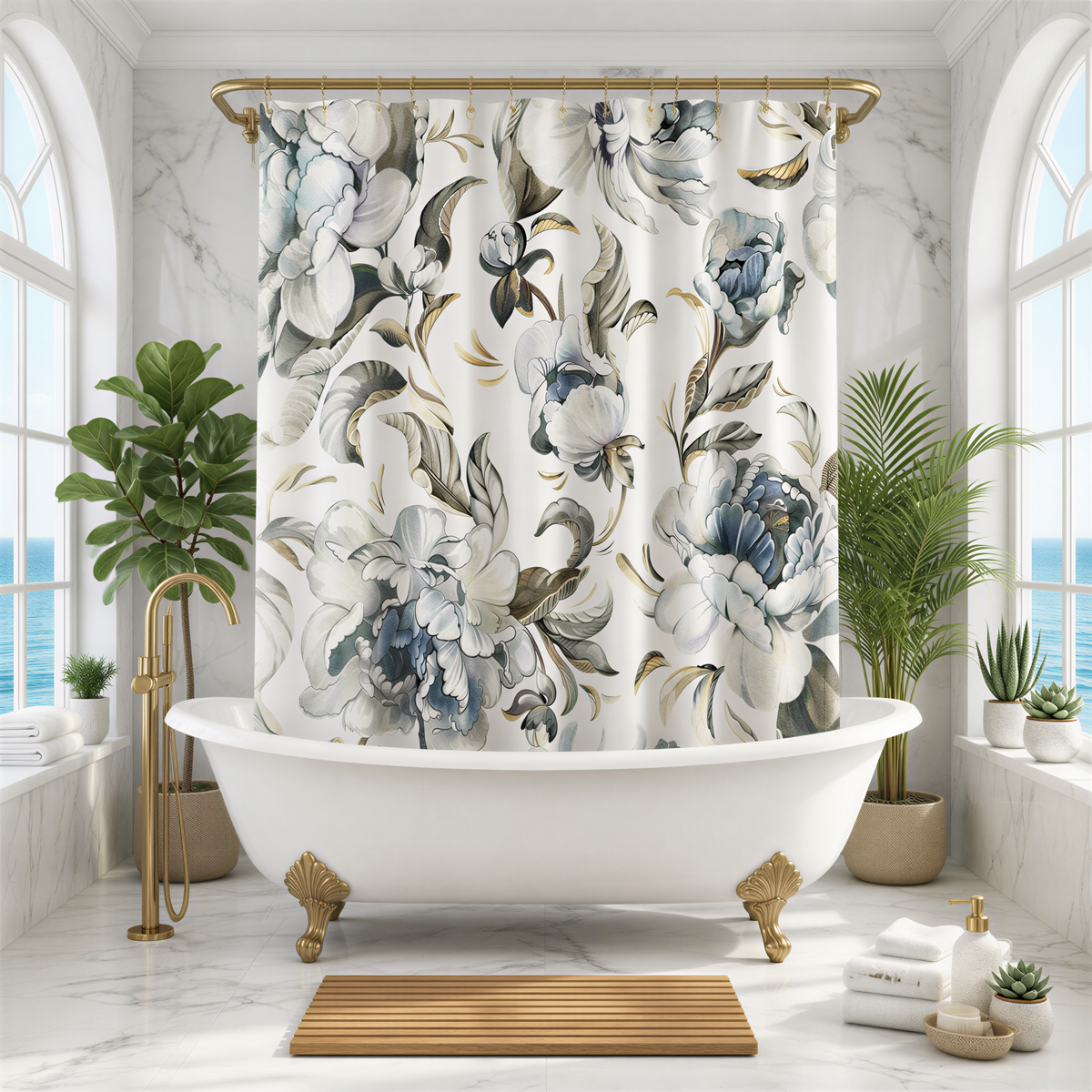 A luxurious bathroom with a white clawfoot bathtub, a floral shower curtain, and various potted plants. The room has a marble floor and large windows overlooking the ocean.