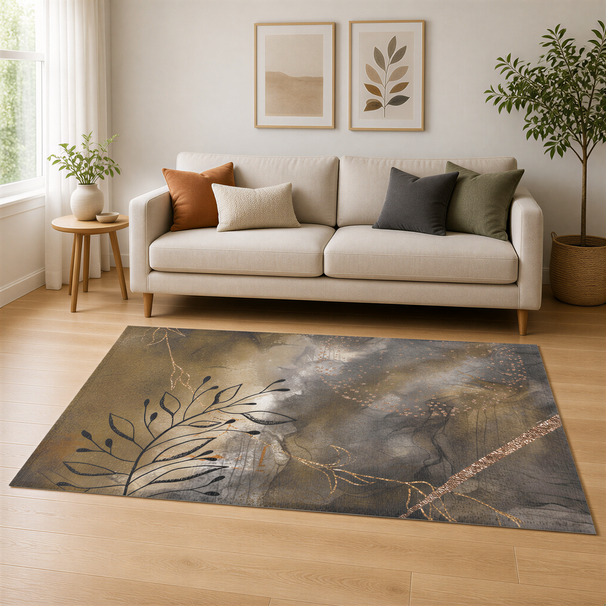 a cozy living room with a beige sofa, a large abstract rug, and two framed leaf artworks on the wall.