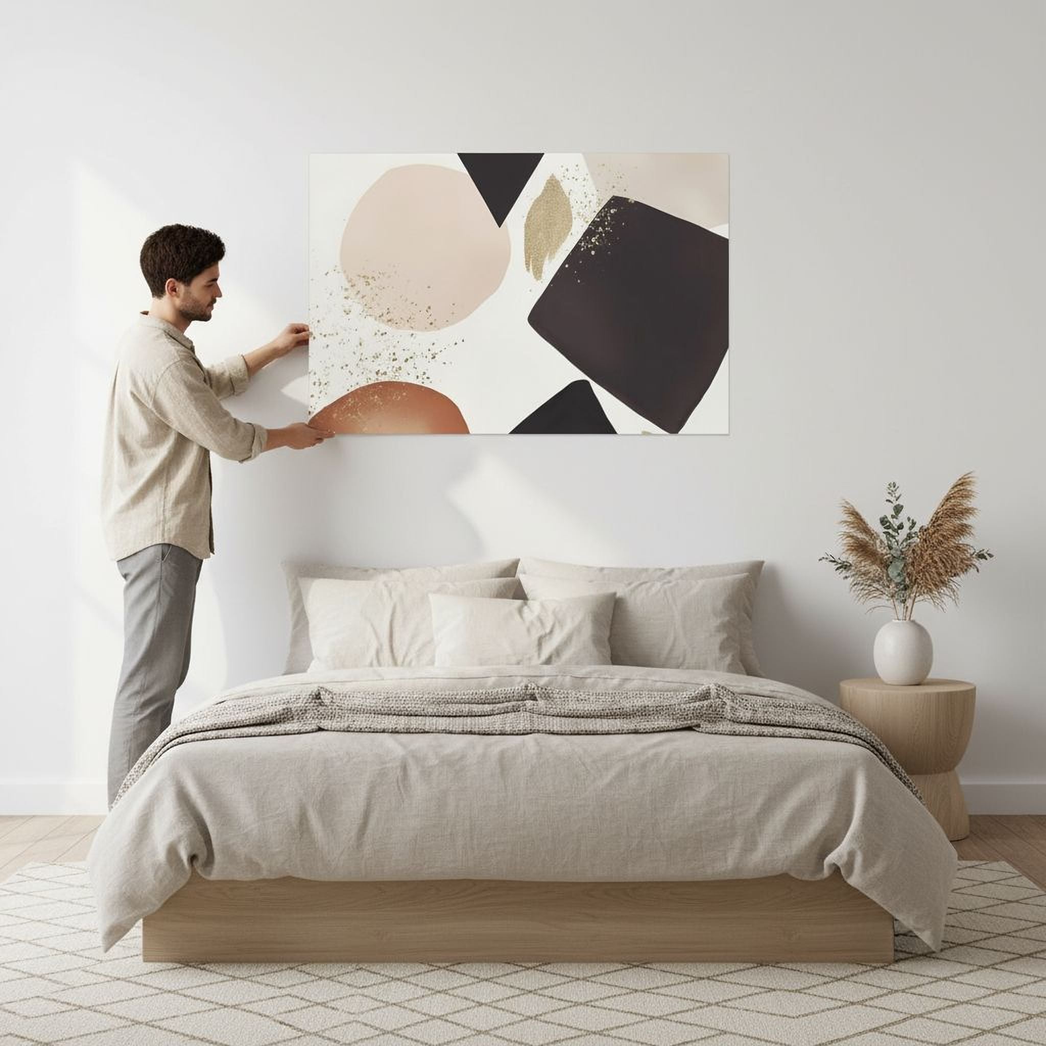 A man is standing in a bedroom, placing a large abstract painting on the wall above a bed with a neutral color scheme.