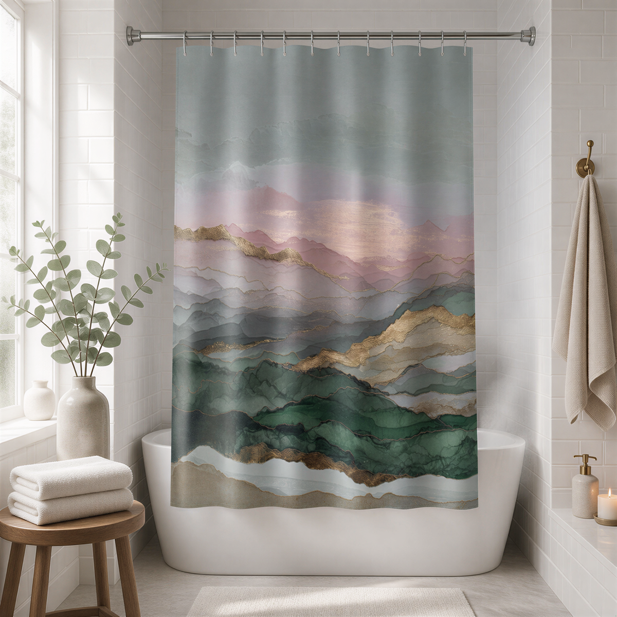 a bathroom with a shower curtain that has a mountain landscape printed on it. The curtain is hanging from a rod above a white bathtub. The bathroom also includes a wooden stool, a vase with greenery, and a candle on a shelf.