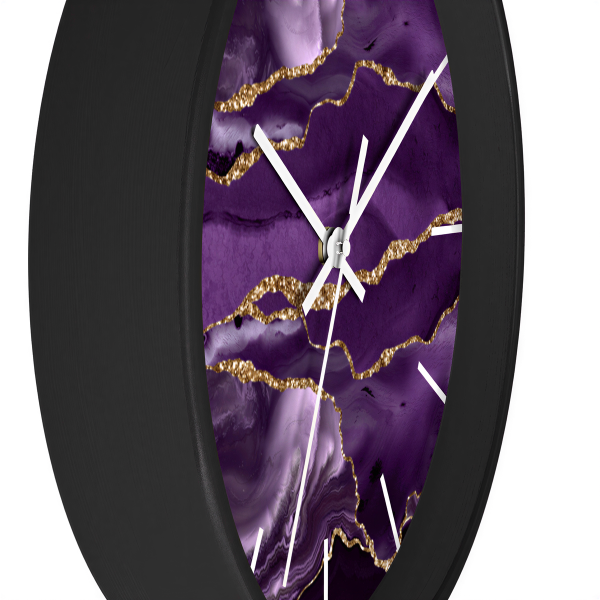 Marble Print Wood Wall Clock Purple Gold styled in a bedroom