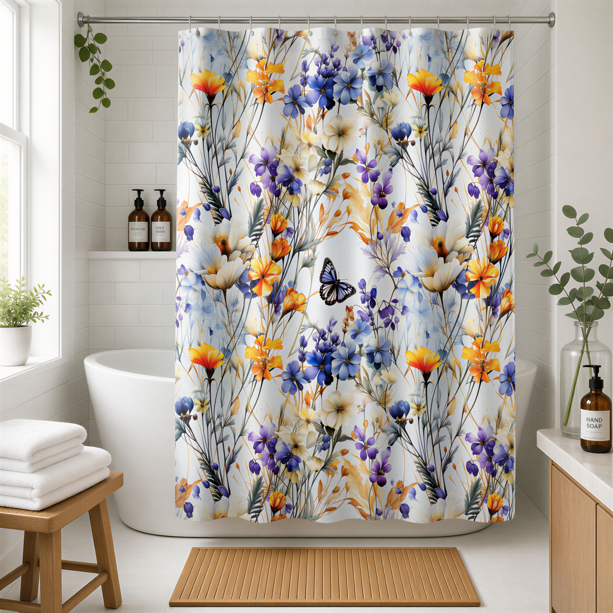 a bathroom with a colorful floral shower curtain hanging in the shower area. The shower curtain has a butterfly design and is decorated with various flowers in shades of orange, blue, and white. The bathroom also includes a wooden stool, a white bathtub, and some potted plants, creating a cozy and inviting atmosphere.
