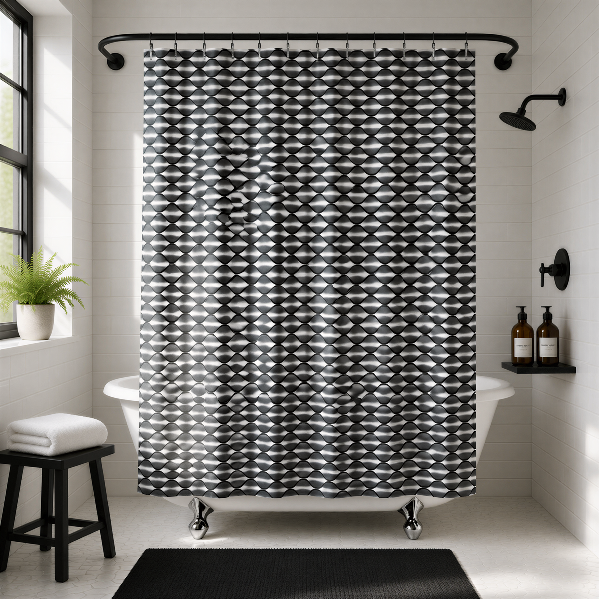 a modern bathroom with a black and white geometric patterned shower curtain, a white clawfoot bathtub, and a small potted plant on the windowsill.